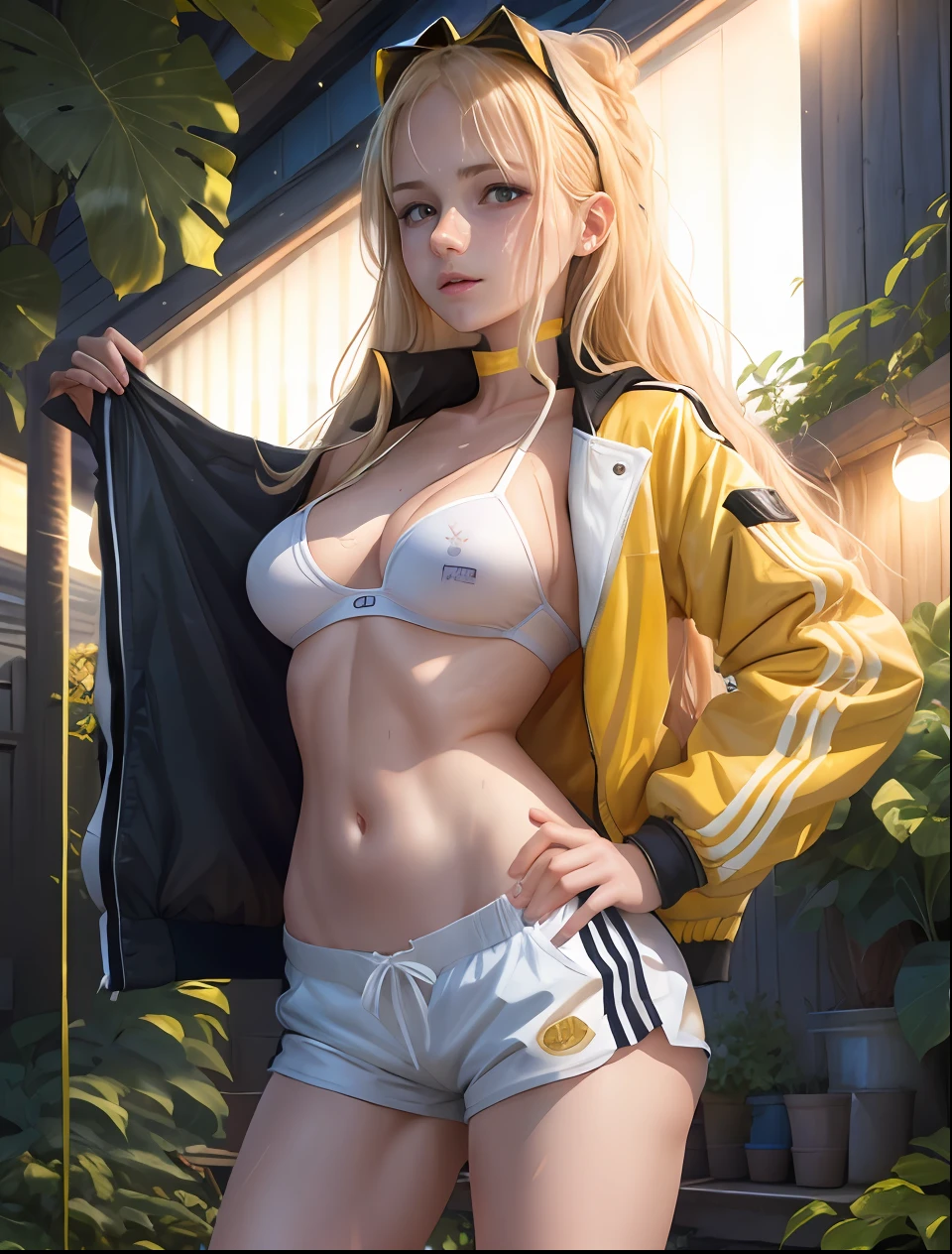 1girl, 24k, ultra detail, realistic, beautiful girl, ideal body, long hair, blonde hair, black headband, big breast covered in a small white bra, slim stomach, small shorts, jacket tied at the hip, white shoes, hands in back hair, shiny sweaty skin, background in garden, night, under garden lights, detailed face