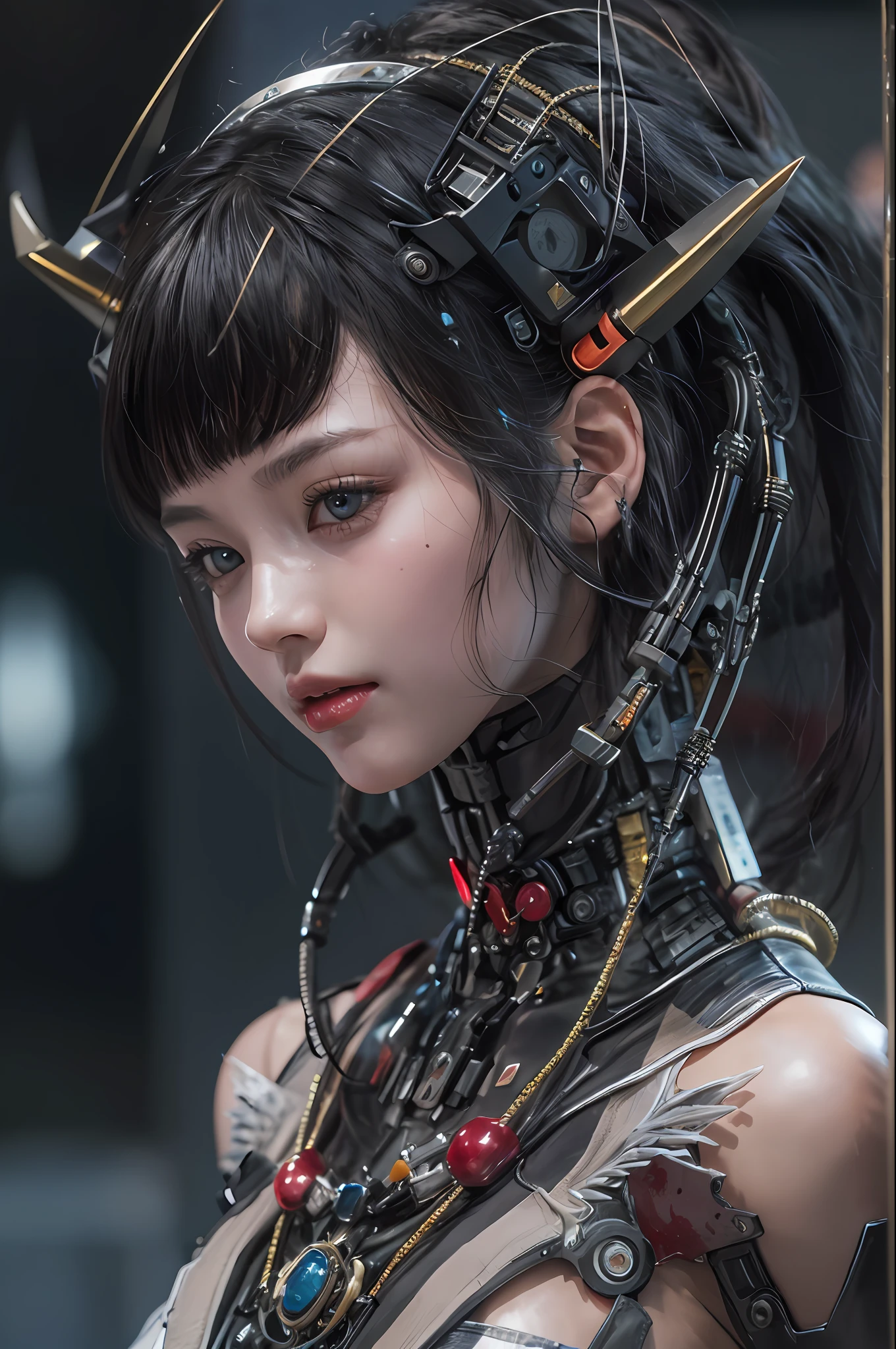 top-quality、masterpiece、超A high resolution、(Photorealsitic:1.4)、Raw photo、1人、Black hair、glowy skin、1 Machine Devil、large metal wings、Metal horn、((super realistic details))、portlate、globalillumination、Shadow、octan render、8K、ultrasharp、Colossal tits、Raw skin is exposed in cleavage、Black fiberglass body、Details of intricate gilded ornaments、Sumerian details、About Cyberpunk、Glowing LEDs、IC chips、Data Links、Hydraulic cylinder、highly intricate detail、Realistic light、Red Eyes、radiant eyes、Facing the camera、neon details、Mechanical limbs、blood vessels connected to tubes、Mechanical vertebrae attached to the back、mechanical cervical attaching to neck、cowboy shot、Wires and cables connecting to the head、Luminous tube、Small LED lamp、