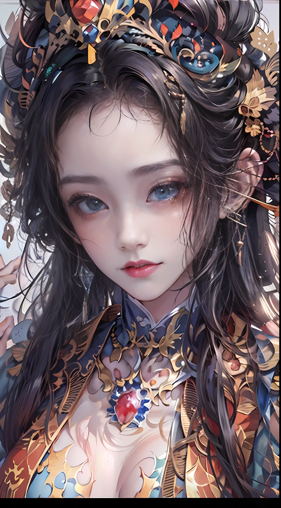 offcial art，统一 8k 壁纸，ultra - detailed，Beauty and aesthetics，tmasterpiece，best qualtiy，（zentangle，Tangled，entangle），（s fractal art：1.4），Black color hair，chineseidol，Chinese woman，The is very detailed，dynamic angle，casting spells，coloured with lots of colour，（Chaos in its most beautiful form），flowy，（vivd colour），overclocking，Chinese big breasts，（Ribbons：1.3），（dream magical：1.5），（Hanfu：1.5），chinesedragon，Chinese Phoenix，（ssmile：0.5 ),(chinese deity),Magical light and shadow，Perfect face，perfect hand