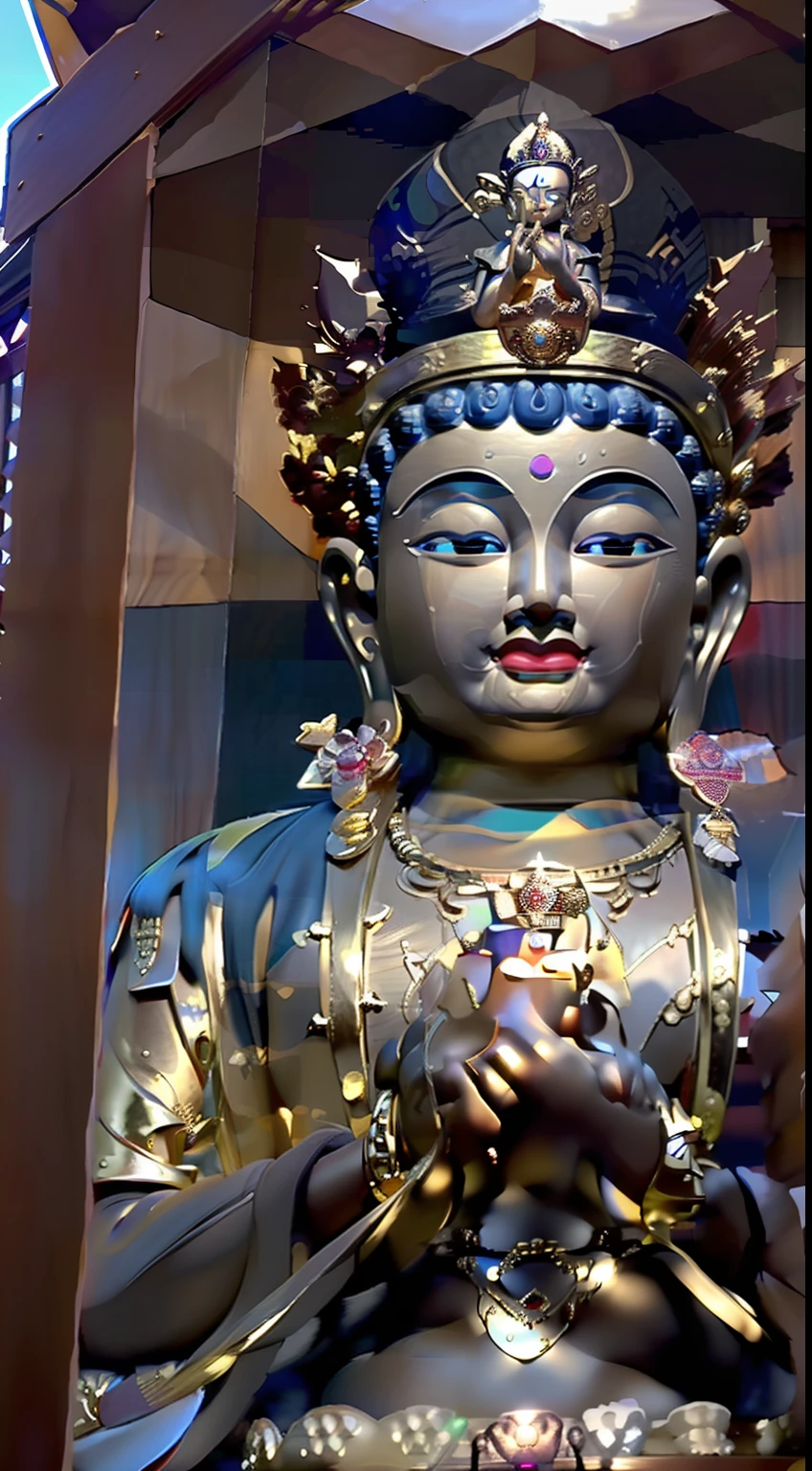 edd, Buddha, Maitreya Bodhisattva,Maitreya,A golden Buddha statue sits on top of a wooden box,There is a pearl necklace on the chest, 1boy, Bald, Barefoot, dark-skin_Male, Facial_Hair, Fat, jewelry, Male_Focus, necklace, , Solo