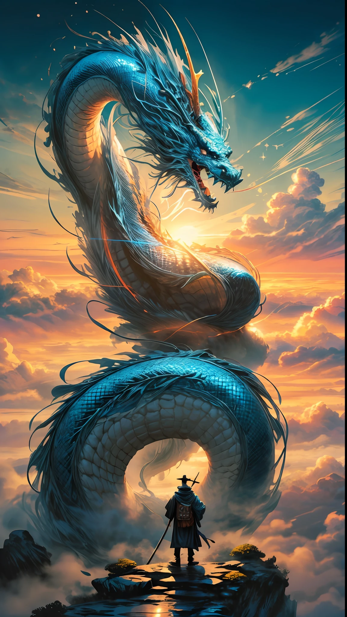 (foto RAW, melhor qualidade), (realista, foto-realista: 1.3), extremamente delicado e belo, Awesome, finamente detalhe, obra-prima, ultra-detalhado, highres, (best illustration), (melhor sombra), intrincado, A Chinese monk stands atop a mountain peak shrouded in mist, longos cabelos negros, (usando longas vestes brancas), com detalhes azuis e vermelhas, his right hand raised diagonally, empunhando uma espada longa, from the back, in front of a gigantic dark blue Chinese dragon, nuvens, tempestade, montanhas, sun sunset, foco nítido, Volumetric mist, 8k UHD, DSLR, alta qualidade, (grain of film: 1.4), Fujifilm XT3,