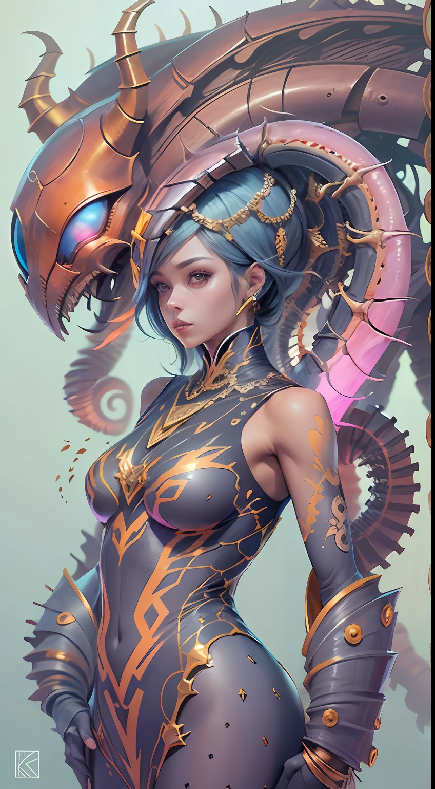 Cartoon photo of woman in colorful costume、Hot Octopus Humanoid Female、kook、Guyver Style、SFW version、Scarabeleploid、tail、Cel Shade Adult Animation、Alien Queen、bewitching