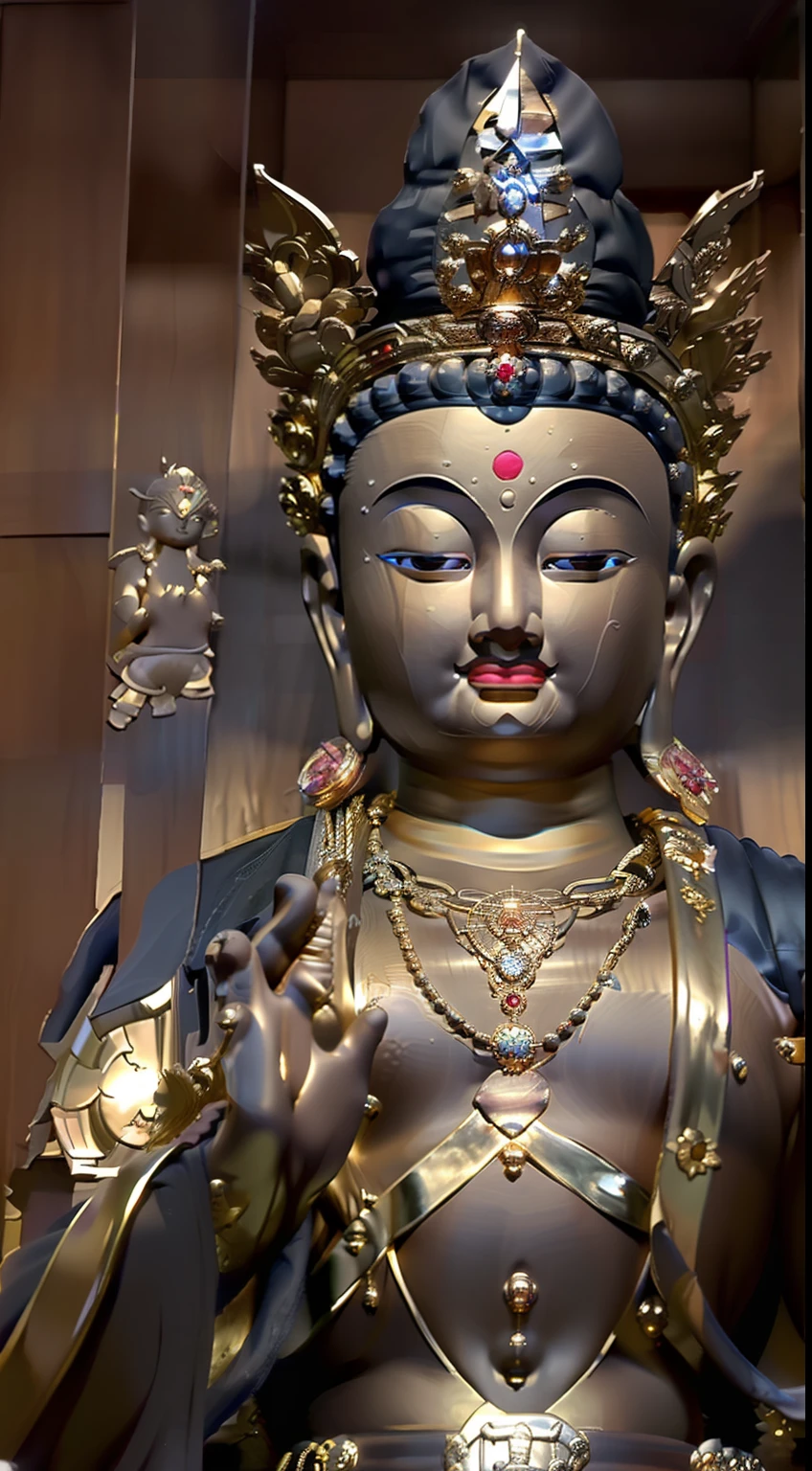 edd, Buddha, Maitreya Bodhisattva,Maitreya,A golden Buddha statue sits on top of a wooden box,There is a pearl necklace on the chest, 1boy, Bald, Barefoot, dark-skin_Male, Facial_Hair, Fat, jewelry, Male_Focus, necklace, , Solo