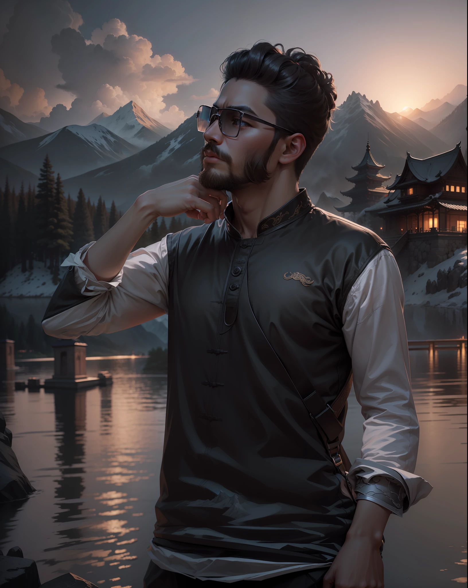 Masterpiece, best quality, high quality, extremely detailed CG unity 8k wallpaper, outdoor, sky, clouds, night, no humans, mountain, chinese style palace sits on the hillside, moonlight, cinemagraph, landscape, water, trees, dark sky, waterfall, cliff, nature, lake, river, cloudy sky, award winning photography, bokeh, depth of field, hdr, bloom, chromatic aberration, photorealistic, highly detailed, trending on artstation, trending on CGsociety, intricate, high detail, dramatic, halfway art