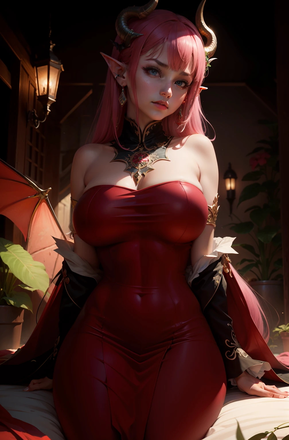 masterpiece, best quality, high resolution, fine detail, amazing and beautiful detail, different_images, 1 girl, solo, dragon ping horns, dragon ping horns, dragon ping horns, from below, crimson shirt, pink hair, red eyes , dragon ping horn, ( big tits), (lower chest), outdoor, plants, botanical garden, dolphin skirt , arms behind, elf earlobes, elf earlobes