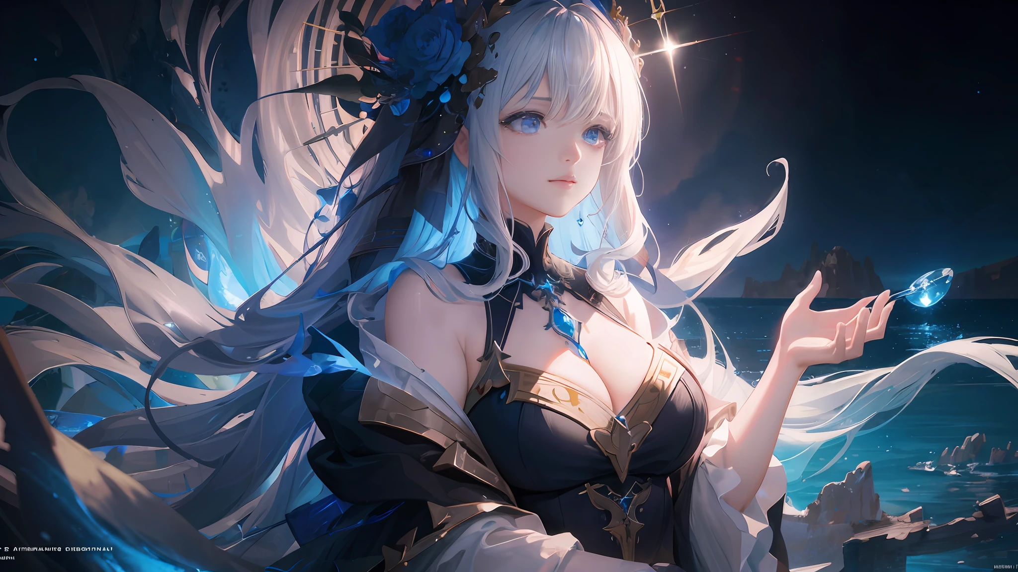 ((Masterpiece)), Best quality, High quality, ((Very detailed CG unity 8K wallpaper)), (fantasy),Dark atoms, the sea,Blue tears,closeup cleavage , , , Mono Lake, Park 3D digital painting, award winning photography, Bokeh, Depth of field, hdr, full bloom, less big breasts, color difference , Photorealistic, The is very detailed, trending on artstationh, trending on CGSociety, Intricate, high detal, dramatics, halfway art,