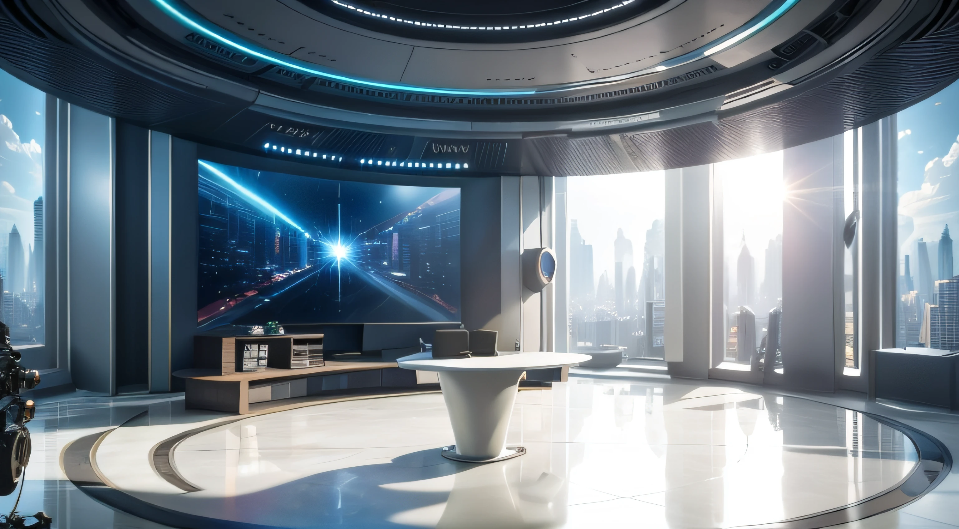 futuristic journalistic studio with a large glass podium in the center, with sunlight at the morning, of the image that hides the waist down part of the presented modern 8k best quality realistic masterpiece