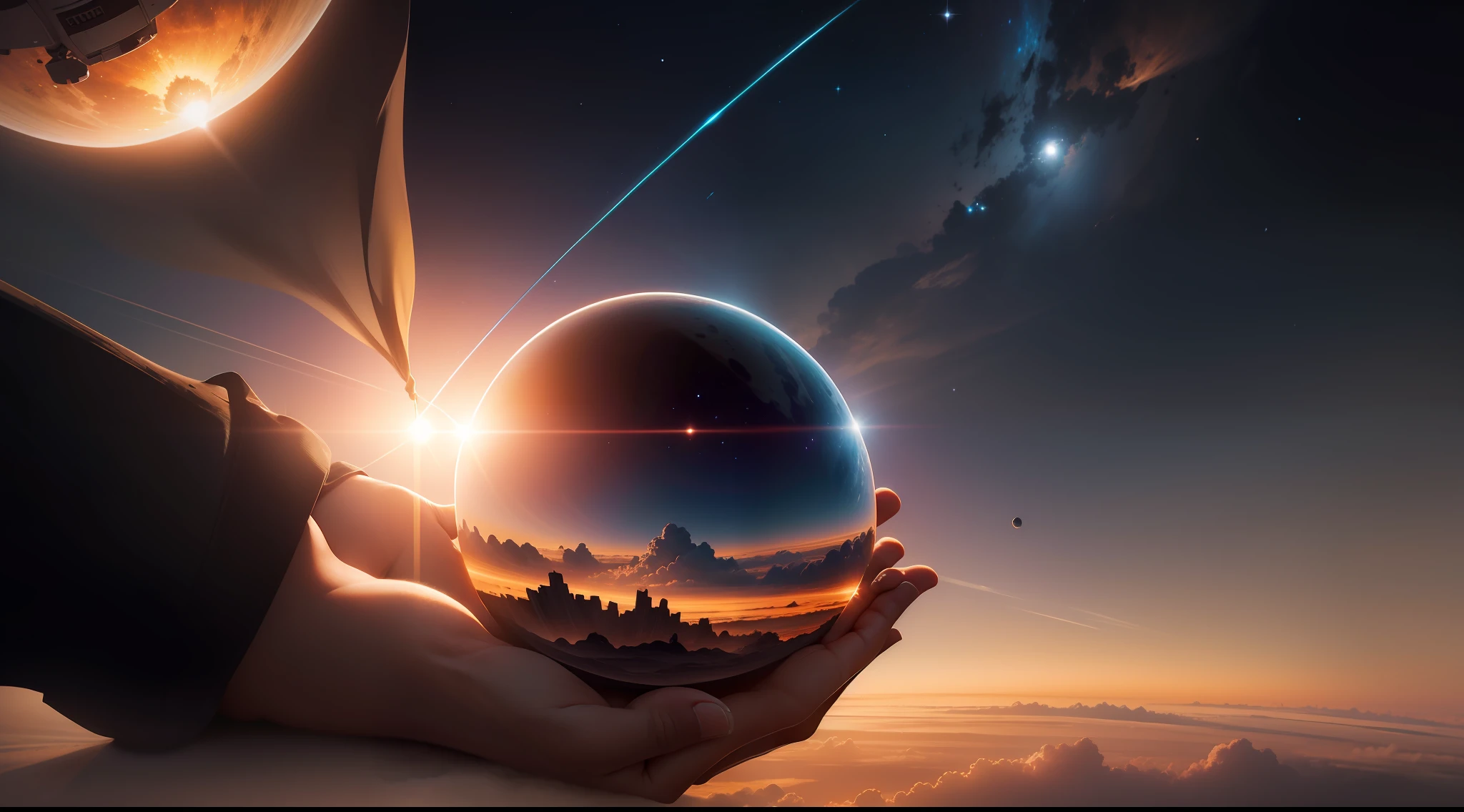 The sun emerges from the Earth's shadow in outer space、Dawn、Fantastic and、Ethereal、Fantastic、Ethereal、Photorealism Based Details Widget 1.3, Ultra-detailed depiction、Cinematic shots with HDR effect、Vignette and center screen、Generate in automatic mode