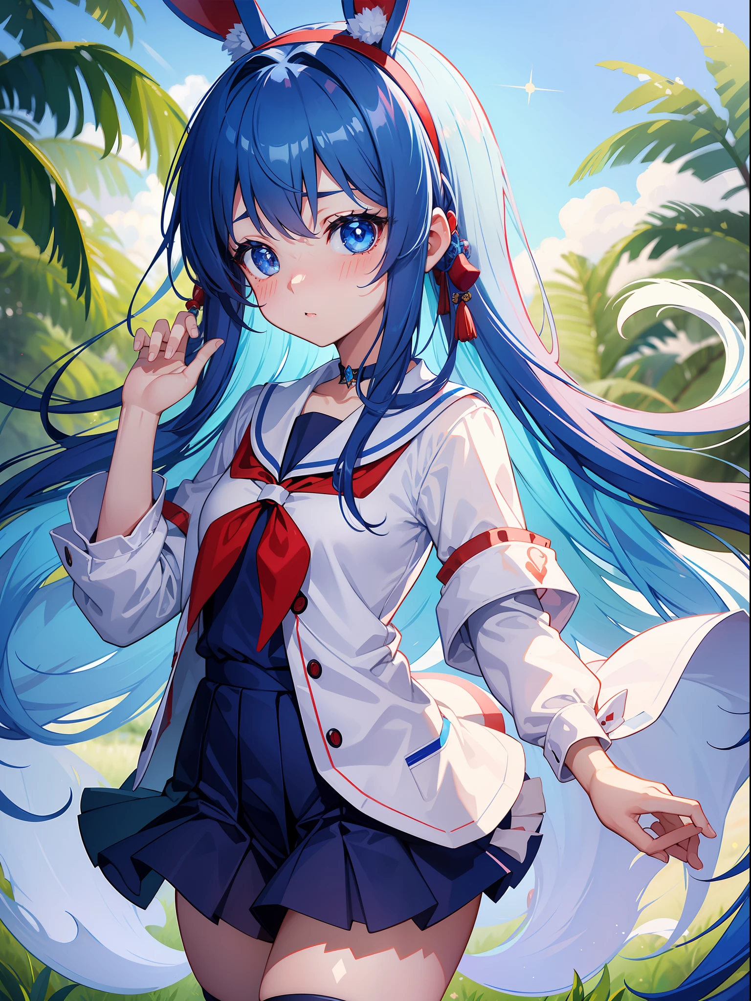 (Top quality ultra-detailed CG art、Cultural Festival、Rabbit ear headband:1.2)School Cultural Festival、Blue hair、Big eyes、cold stare、Cool Beauty、16age、red blush、Troubled eyes、Twin-tailed、、breasts are small、Summer school uniform、