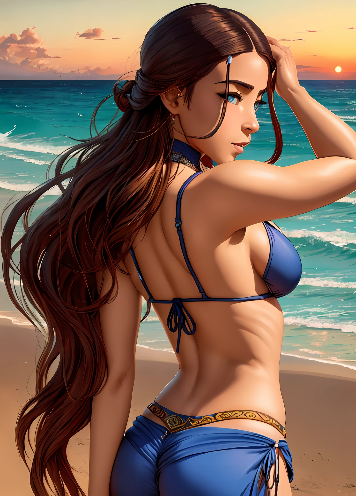 obra maestra, La mejor calidad, aceites, 1girl, (Katara), Brida, elysiumChar, Entonado, (dark skin:1.3), brown hair, Cabello largo, diafragma, camisa blanca, jewely, Bikini azul, ((Disparo de vaquero, from the rear)), fondo de playa, puesta del sol, warm colours, (ojos azules:0.6), detallado, Sin bragas, desnudo, ((Katara))