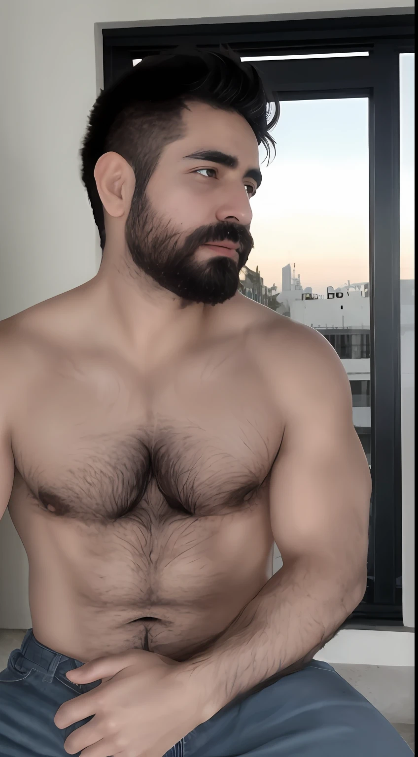 Hombre varonil con bigote y barba, ropa elegante parado frente a un edificio, cuerpo musculoso, enfoque en el pectoral, pectorales grandes, pectorales sin vello, cara definida, obra de arte, pelo cepillado,