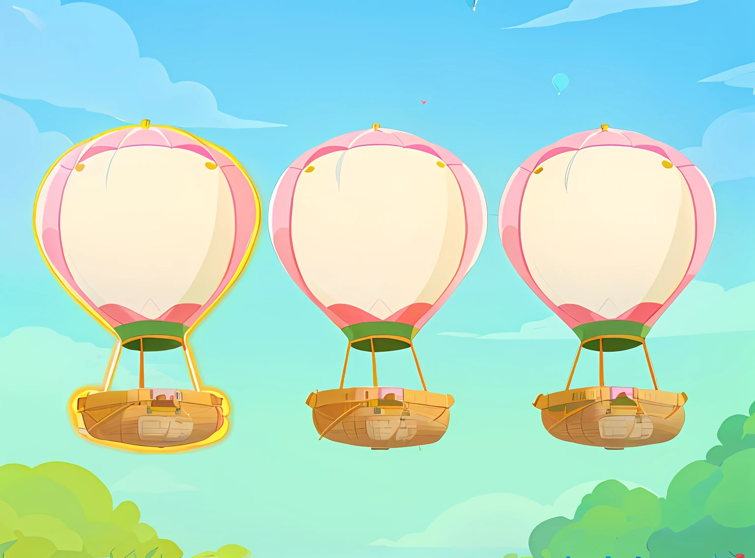 Three hot air balloons with heart-shaped banners, flying airships, hot air balloon, as an air balloon, hot air balloon, airship in the sky, Airship on background, balloon, Giant airship in the sky, airships, no gradien, Symmetrical illustration, balloons, inflateble shapes, airships