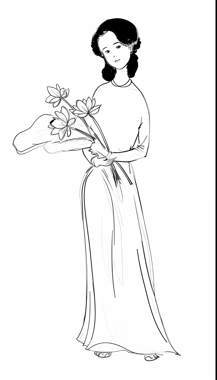 a drawing of a woman holding a bouquet of flowers, holding flowers, with flowers, carrying flowers, lady with glowing flowers dress, inspired by Charles Dana Gibson, black and white color only, outline sketch, sketch black and white colors, female figure in maxi dress, style of guido crepax, digital art of an elegant, holding a flower, soft outline