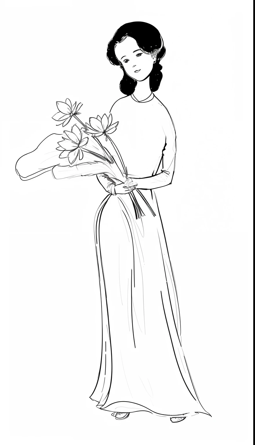 a drawing of a woman holding a bouquet of flowers, holding flowers, with flowers, carrying flowers, lady with glowing flowers dress, inspired by Charles Dana Gibson, black and white color only, outline sketch, sketch black and white colors, female figure in maxi dress, style of guido crepax, digital art of an elegant, holding a flower, soft outline