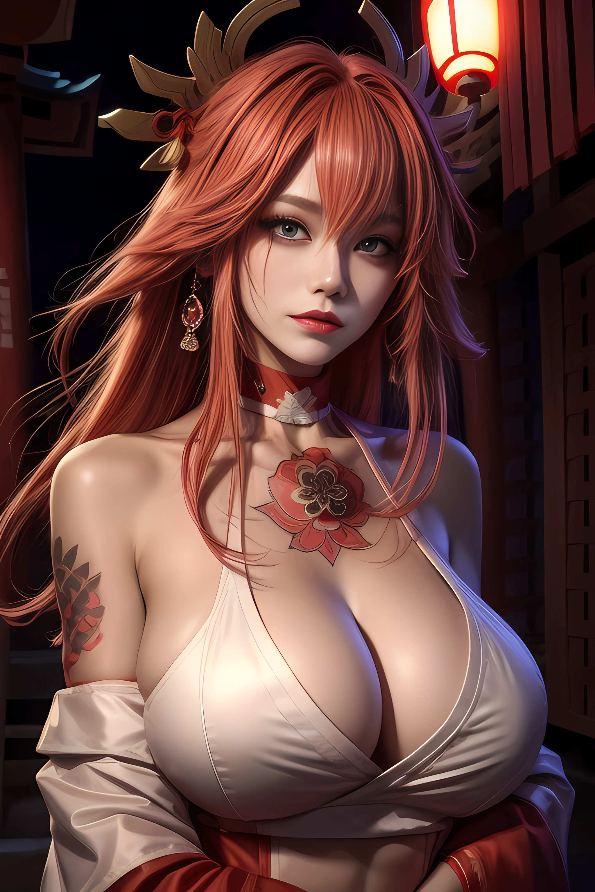 （tmasterpiece，Need，1girll，Solo，The details are complex，color difference），photorealestic，（（Medium breath）），cropped shoulders，huge tit，Raised sexy，Yae Miko，Pink Long Hair，red headgear，Red highlight，Hair above one eye，Green eyes，耳Nipple Ring，sharp look，Perfectly symmetrical figure，choker necklace，Neon shirt，Open jacket，high-necksweater，dim murky lights，alley，looking at viewert，（（Mean streak，Cleavage is seductive，big breasts enchanting）），（（（sakurabackground))),(((Japanese temple background))), (((Glow-in-the-dark background)))，(((Red tattoo on big breasts)))