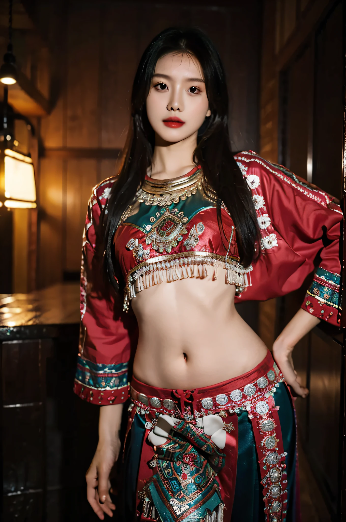 (Hyperrealistic,)4K,35mm,hyper-high detail, Professional lighting, Best quality, 超高分辨率, Visually stunning, (1girll:1.1), (Hmong clothing ),realskin,(Perfect body 1.3)Ultra-delicate face,Open navel
