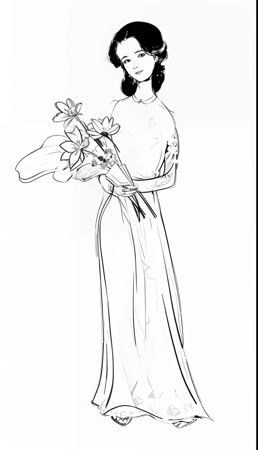 a drawing of a woman holding a bouquet of flowers, holding flowers, with flowers, carrying flowers, lady with glowing flowers dress, inspired by Charles Dana Gibson, black and white color only, outline sketch, sketch black and white colors, female figure in maxi dress, style of guido crepax, digital art of an elegant, holding a flower, soft outline