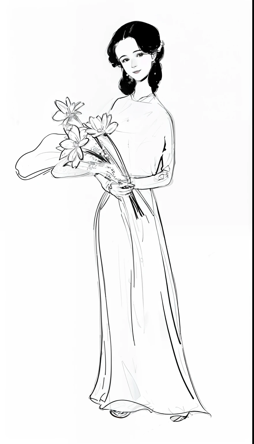 a drawing of a woman holding a bouquet of flowers, holding flowers, with flowers, carrying flowers, lady with glowing flowers dress, inspired by Charles Dana Gibson, black and white color only, outline sketch, sketch black and white colors, female figure in maxi dress, style of guido crepax, digital art of an elegant, holding a flower, soft outline