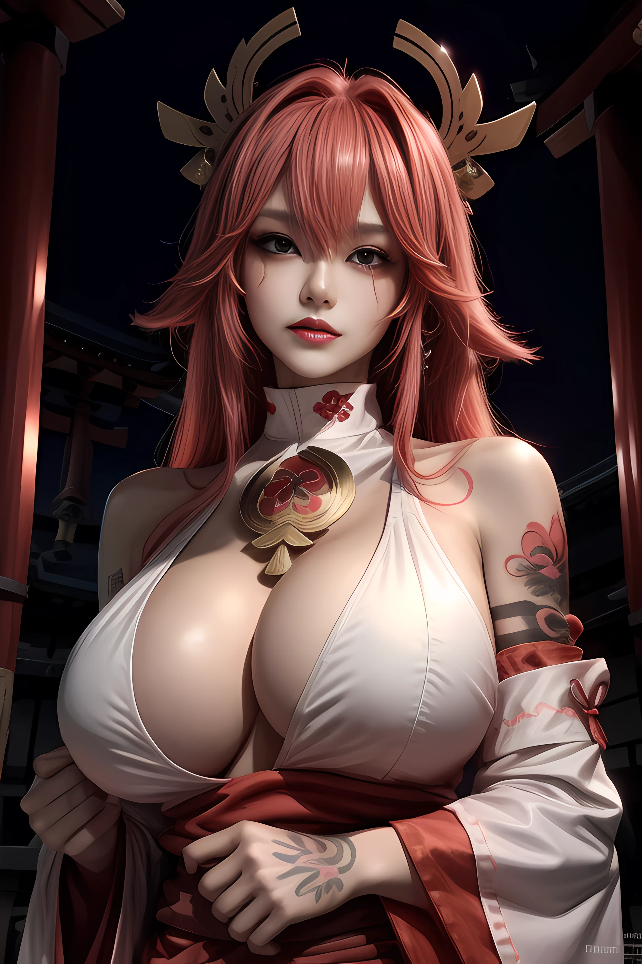 （tmasterpiece，Need，1girll，Solo，The details are complex，color difference），photorealestic，（（Medium breath）），cropped shoulders，huge tit，Raised sexy，Yae Miko，Pink Long Hair，red headgear，Red highlight，Hair above one eye，Green eyes，耳Nipple Ring，sharp look，Perfectly symmetrical figure，choker necklace，Neon shirt，Open jacket，high-necksweater，dim murky lights，alley，looking at viewert，（（Mean streak，Cleavage is seductive，big breasts enchanting）），（（（sakurabackground))),(((Japanese temple background))), (((Glow-in-the-dark background)))，(((Red tattoo on big breasts)))