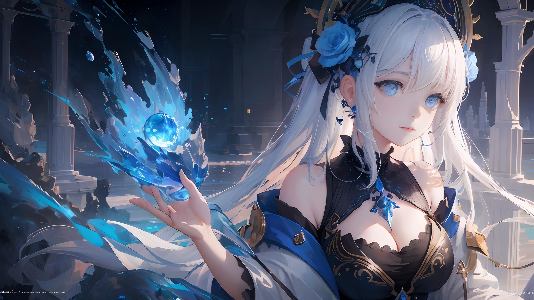 ((Masterpiece)), Best quality, High quality， ((Very detailed CG unity 8K wallpaper)), (fantasy),Dark atoms， the sea，Blue tears，closeup cleavage , , , Mono Lake, Park 3D digital painting, award winning photography, Bokeh, Depth of field, hdr, full bloom, less big breasts， color difference , Photorealistic, The is very detailed, trending on artstationh, trending on CGSociety, Intricate, high detal, dramatics, halfway art,
