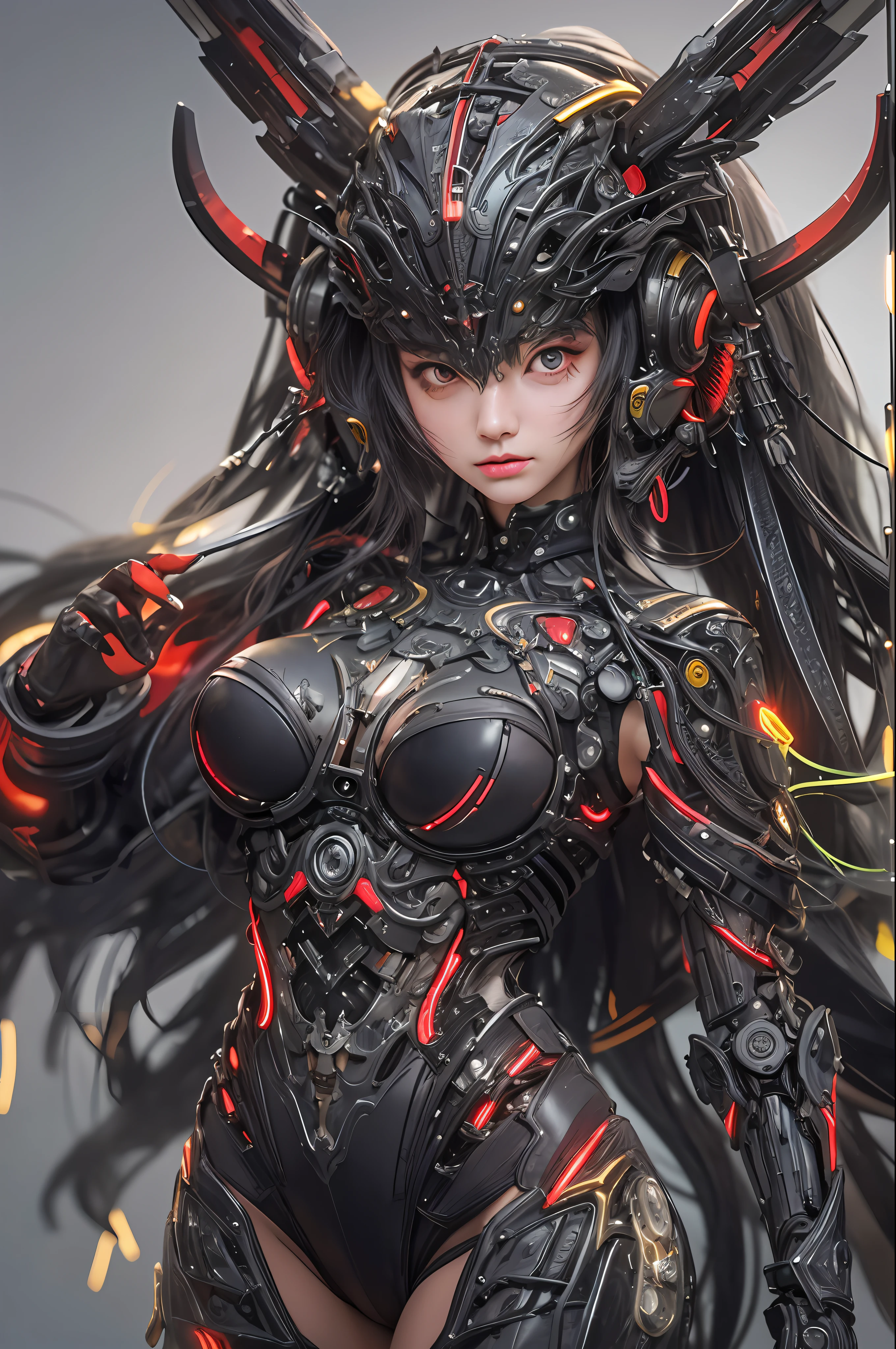 top-quality、masterpiece、超A high resolution、(Photorealsitic:1.4)、Raw photo、1人、Black hair、glowy skin、1 Machine Devil、large metal wings、Metal horn、((super realistic details))、portlate、globalillumination、Shadow、octan render、8K、ultrasharp、Colossal tits、Raw skin is exposed in cleavage、Black fiberglass body、Details of intricate gilded ornaments、Sumerian details、About Cyberpunk、Glowing LEDs、IC chips、Data Links、Hydraulic cylinder、highly intricate detail、Realistic light、Red Eyes、radiant eyes、Facing the camera、neon details、Mechanical limbs、blood vessels connected to tubes、Mechanical vertebrae attached to the back、mechanical cervical attaching to neck、cowboy shot、Wires and cables connecting to the head、Luminous tube、Small LED lamp、