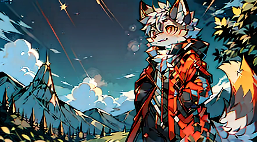 low-saturation,solo person,shaggy male,hairy chest,Big fluffy tail,red fox,Fox,canid,Pale yellow fur,Pale yellow hair,Red eyes,The eyes are dark,face expressionless,Showing tiger teeth,Long ears,Black ears,wears glasses,Dark gray cloak,adventurer,standing in grassy field,Look up at the sky,fewer clouds,the night,meteor shower,The light is dim,Village background