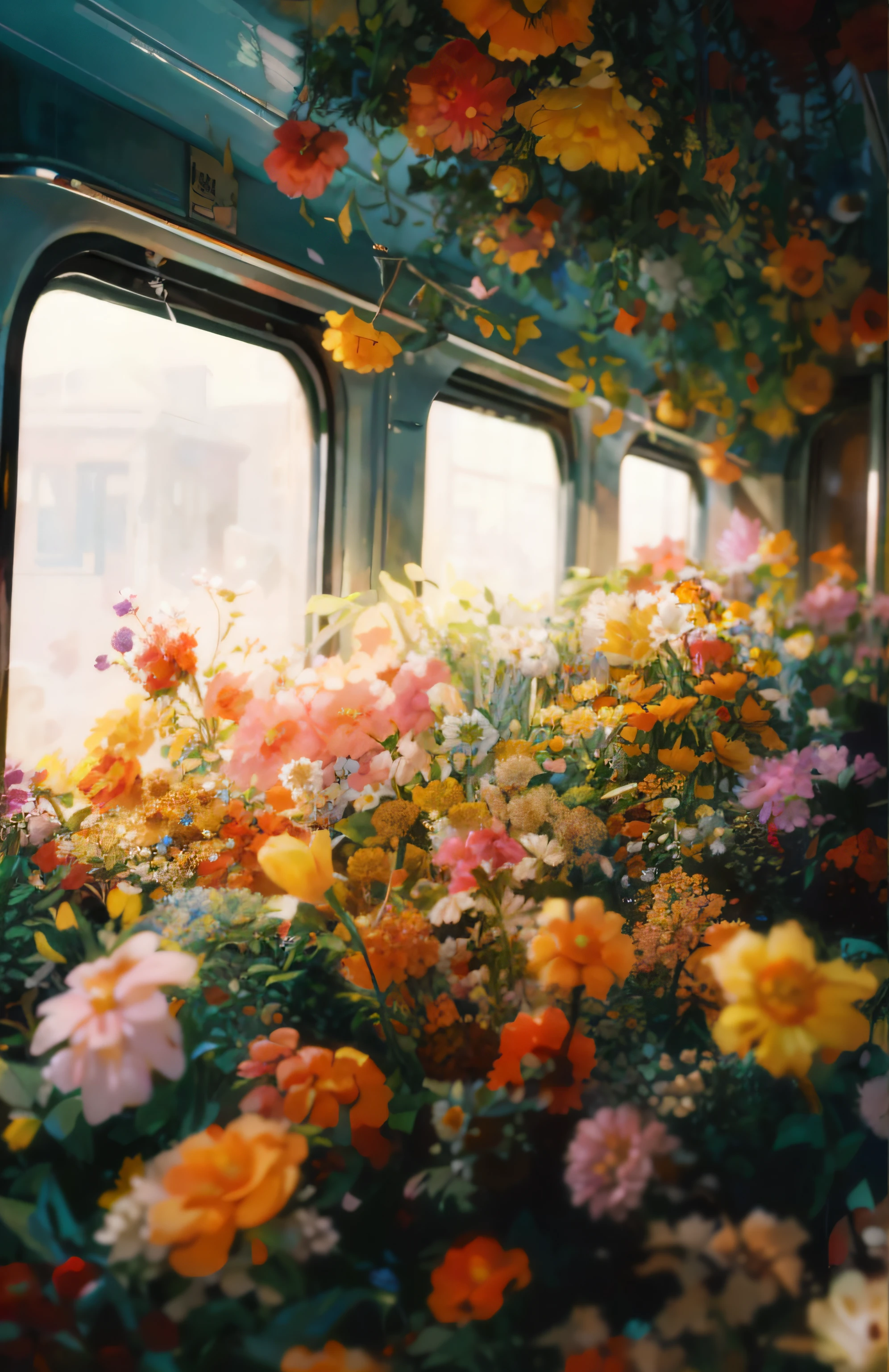 There are a lot of flowers on the windows of the bus, nature and floral aesthetics, Full of flowers, an aesthetic field of flowers, Lots of flowers, there's flowers everywhere, Flowers everywhere, Beautiful flowers, floral environment, Overgrown with flowers, beautiful flowers, flowers sea everywhere, Lush flora, taken with kodak portra, Magical flowers, Flowers!!!!, covered with flowers