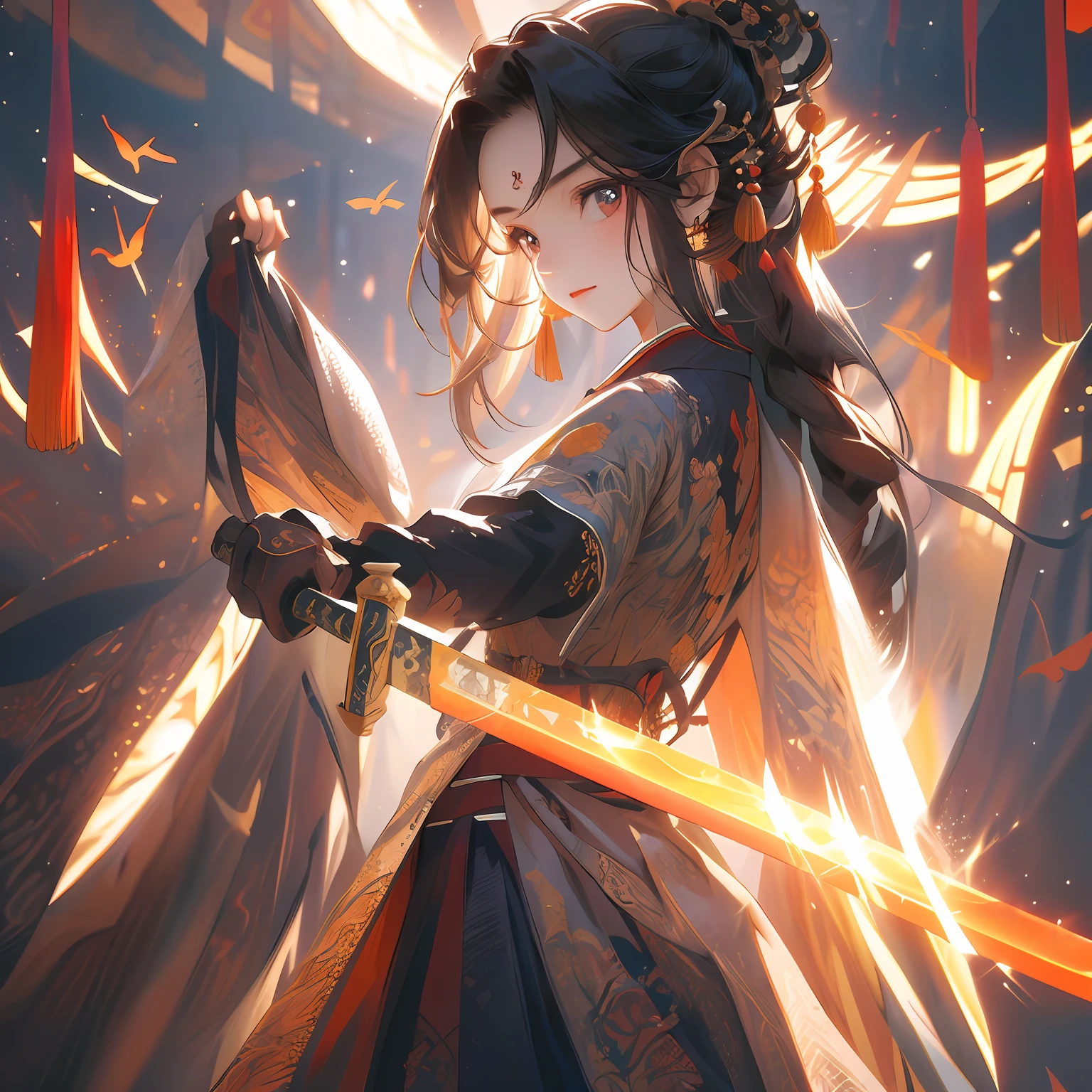 （Positive focus），tmasterpiece，Best quality，1girll，sword，Chinese fabric，Chinese style，with light glowing，8k wallpaper，Volumetriclighting，动态照明，A small amount of armor