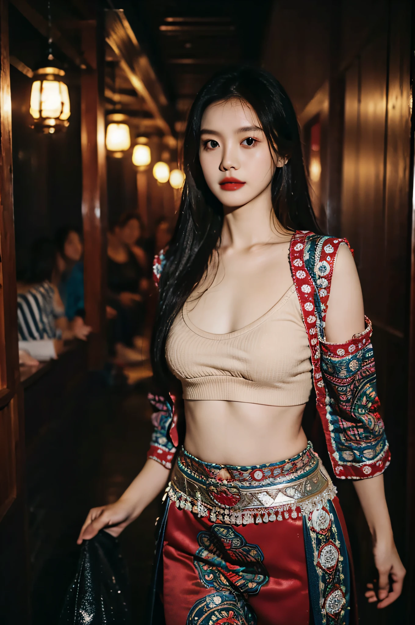 （Hyperrealistic,）4K,35mm，hyper-high detail, Professional lighting, Best quality, 超高分辨率, Visually stunning, (1girll:1.1), （Hmong clothing ）,realskin,（Perfect body 1.3）Ultra-delicate face，Crop topping