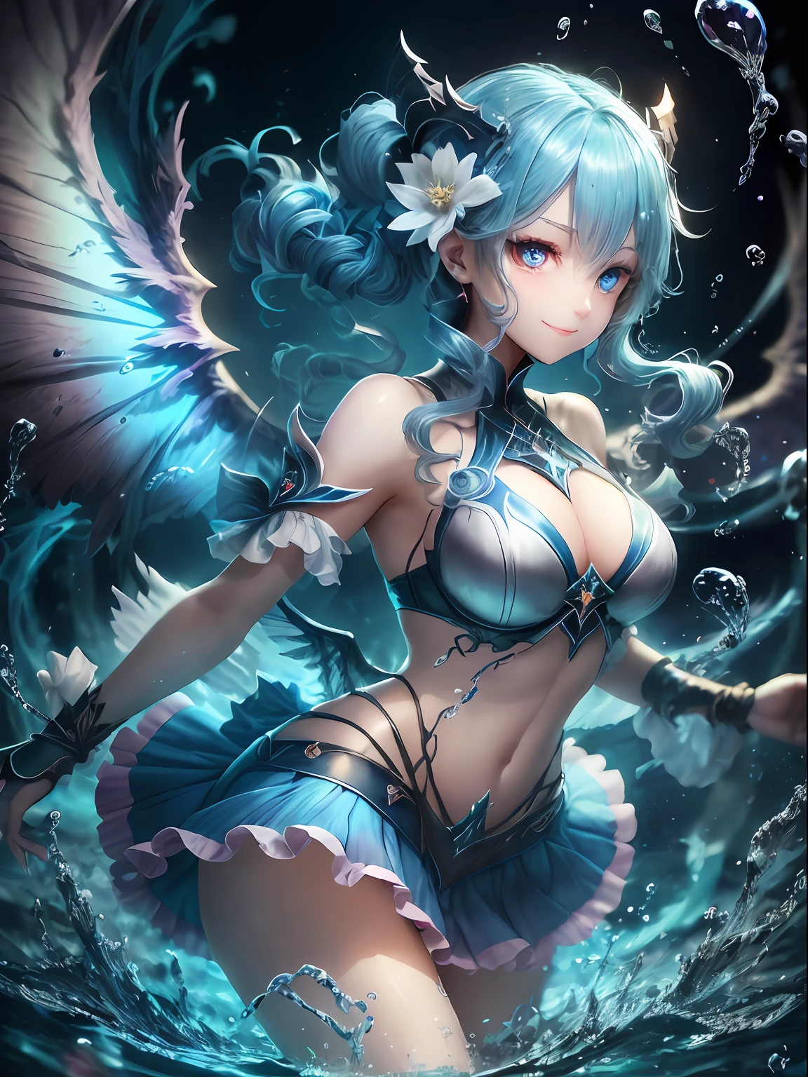 Blue color hair。a miniskirt。耳Nipple Ring。demonic wings。Fallen Angel。Yami Ochi。Evil Sickness。Diabolical。youngest son。Witches。Luminous Eyes。kosmos。huge smile。water element。water magic。Water weapons。Beauty manipulating water。Free water。Floating water(Award-winning digital works:1.3)(Sketched:1.3)、(Energetic:1.3)、cgsociety、art stations、(chroma:1.3)、(close portrait:1.3)、(femele:1.4)、(Beautiful fece:1.4)、(carismatic:1.3)、Elaborate Eyes、Studio Lighting、Theme Background。Luminous Eyes。blue hairs。particles floating。Poses in motion。