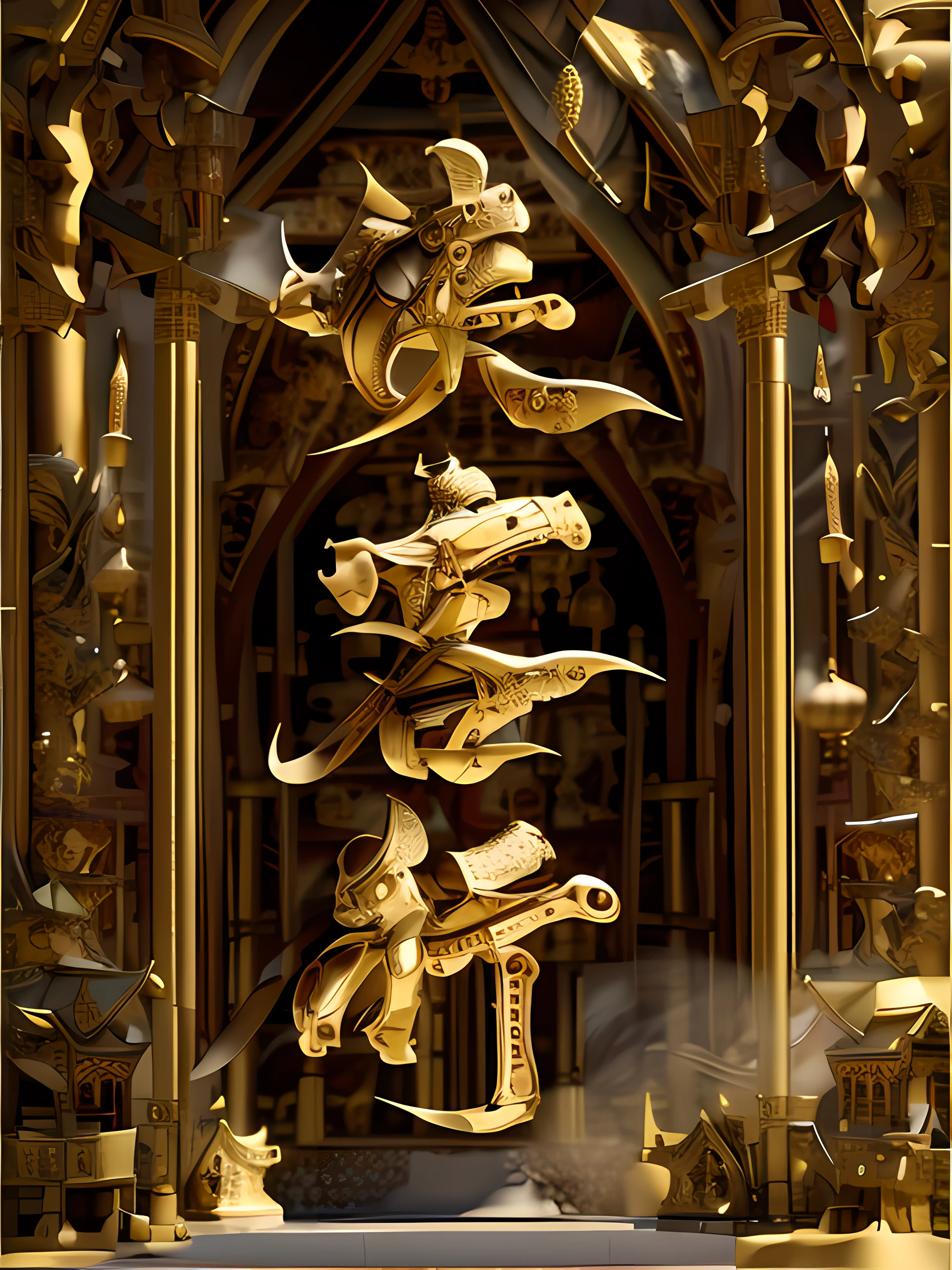 "knight-errant,Chinese tradition,Brush writing,Stereoscopic 3D,45 degree angle:2,façade:2,knight-errant,filmposter,sword:2,Eaves,Palace Museum,Armour,Machinary,Temple,clubs:2,golden colored,3D,The city is full of golden armor"