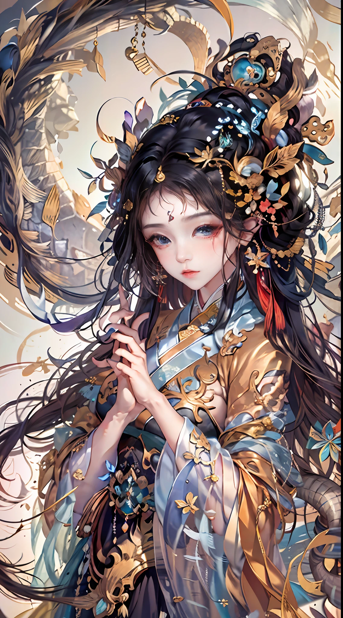 offcial art,统一 8k 壁纸,ultra - detailed,Beauty and aesthetics,tmasterpiece,best qualtiy,(zentangle,Tangled,entangle),(s fractal art:1.4),Black color hair,chineseidol,Chinese woman,The is very detailed,dynamic angle,casting spells,coloured with lots of colour,(Chaos in its most beautiful form),flowy,(vivd colour),overclocking,Chinese big breasts,(Ribbons:1.3),(dream magical:1.5),(Hanfu:1.5),chinesedragon,Chinese Phoenix,(ssmile:0.5 ),(chinese deity),Magical light and shadow,Perfect face,perfect hand