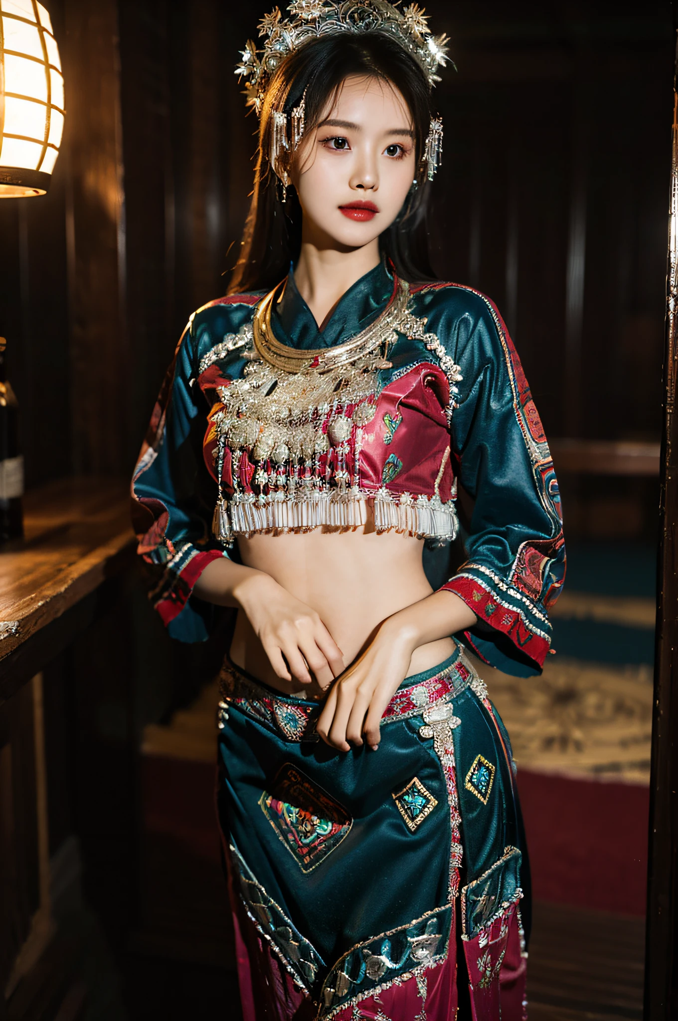 (Hyperrealistic,)4K,35mm,hyper-high detail, Professional lighting, Best quality, 超高分辨率, Visually stunning, (1girll:1.1), (Hmong clothing ),realskin,(Perfect body 1.3)Ultra-delicate face,Crop topping