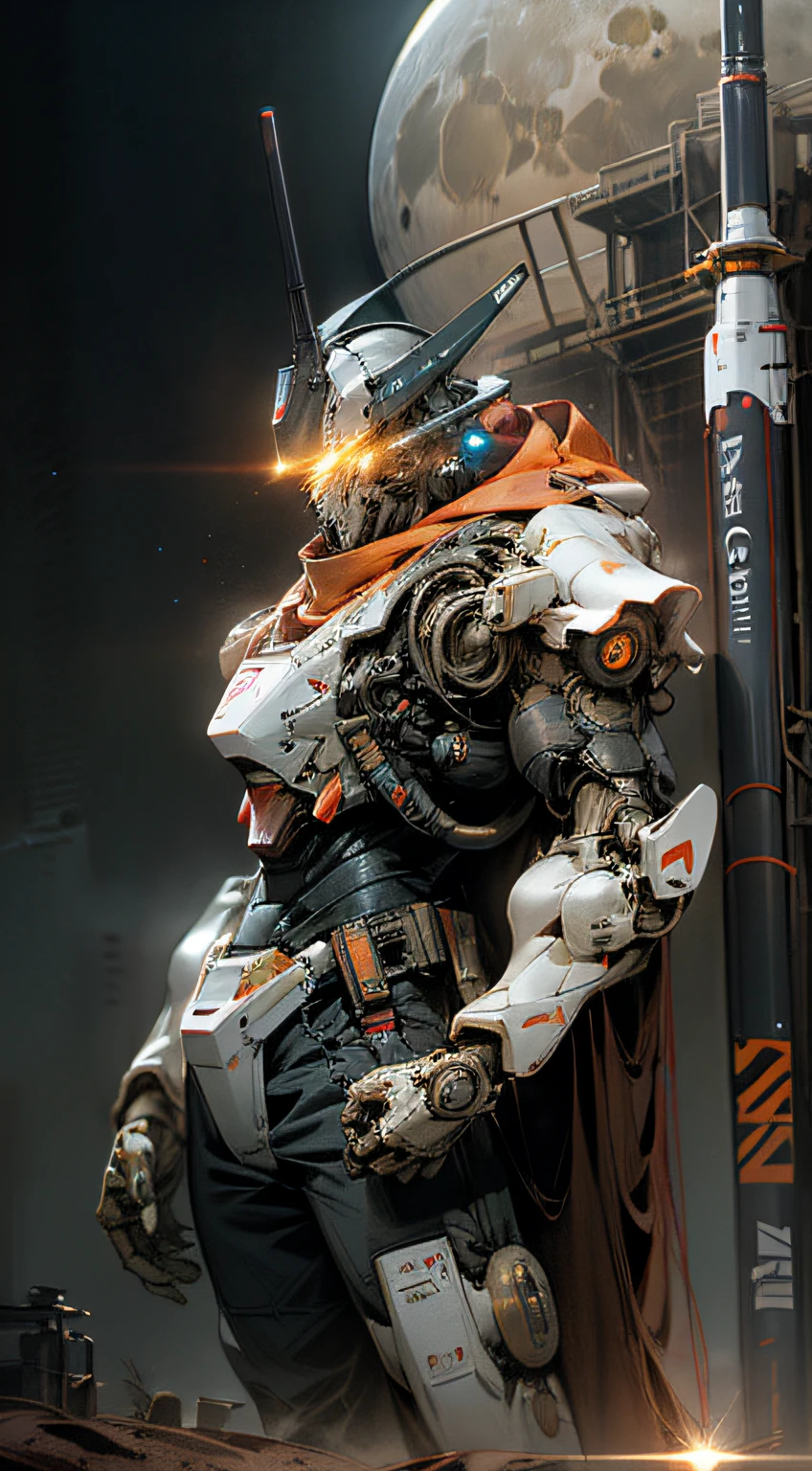on moon,barren planets,废墟,holdingweapon,with light glowing,Semi-human robots,buliding,glowing light eyes,orange Mecha,scientific fiction,城市,Realistis,mechs,Milky Way Galaxy background,neonlight,cyber punk perssonage,