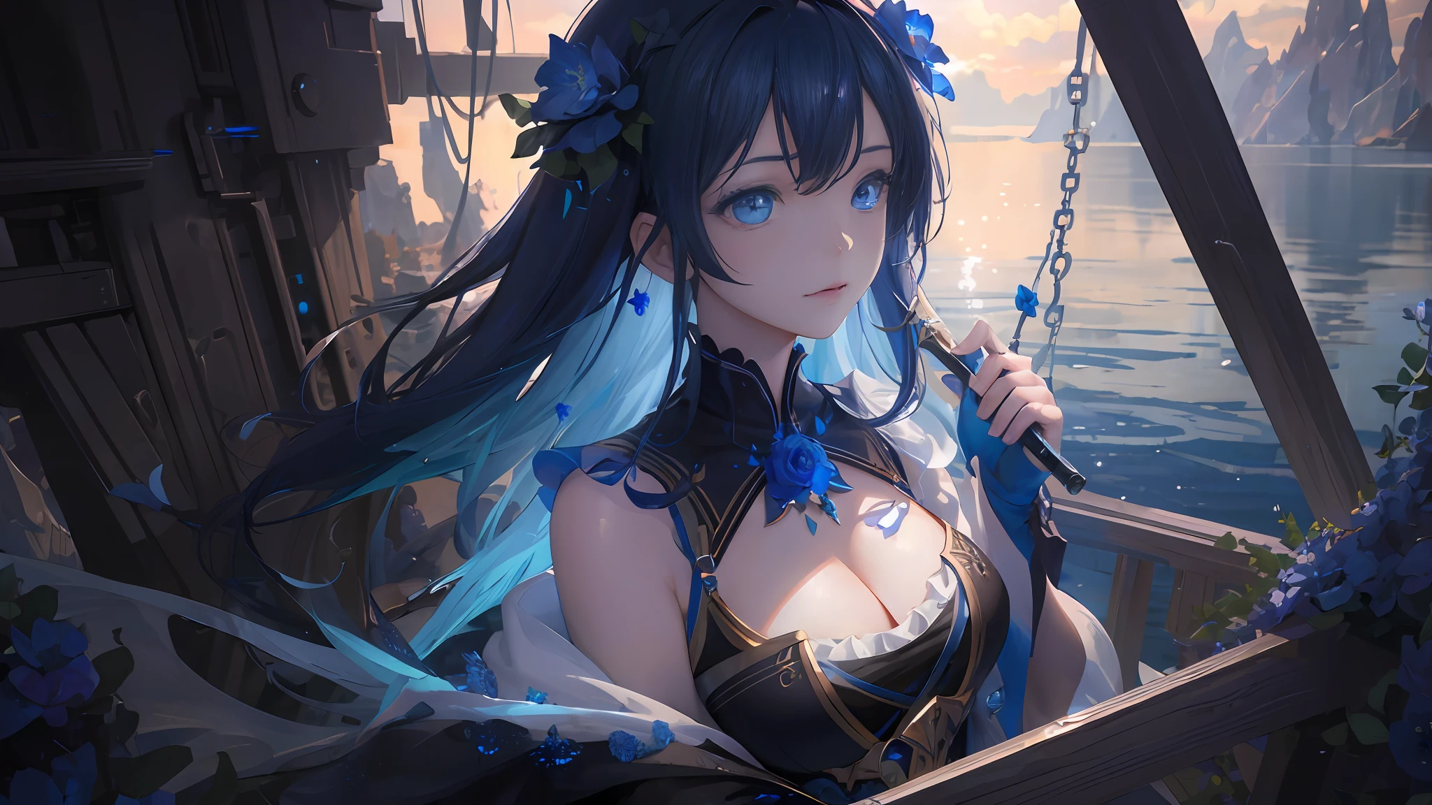 ((Masterpiece)), Best quality,flat chest， High quality, ((Very detailed CG unity 8K wallpaper)), (fantasy),Dark atoms， the sea，Blue tears，closeup cleavage , , , Mono Lake, Park 3D digital painting, award winning photography, Bokeh, Depth of field, hdr, full bloom, less big breasts， color difference , Photorealistic, The is very detailed, trending on artstationh, trending on CGSociety, Intricate, high detal, dramatics, halfway art,，Blue flowers