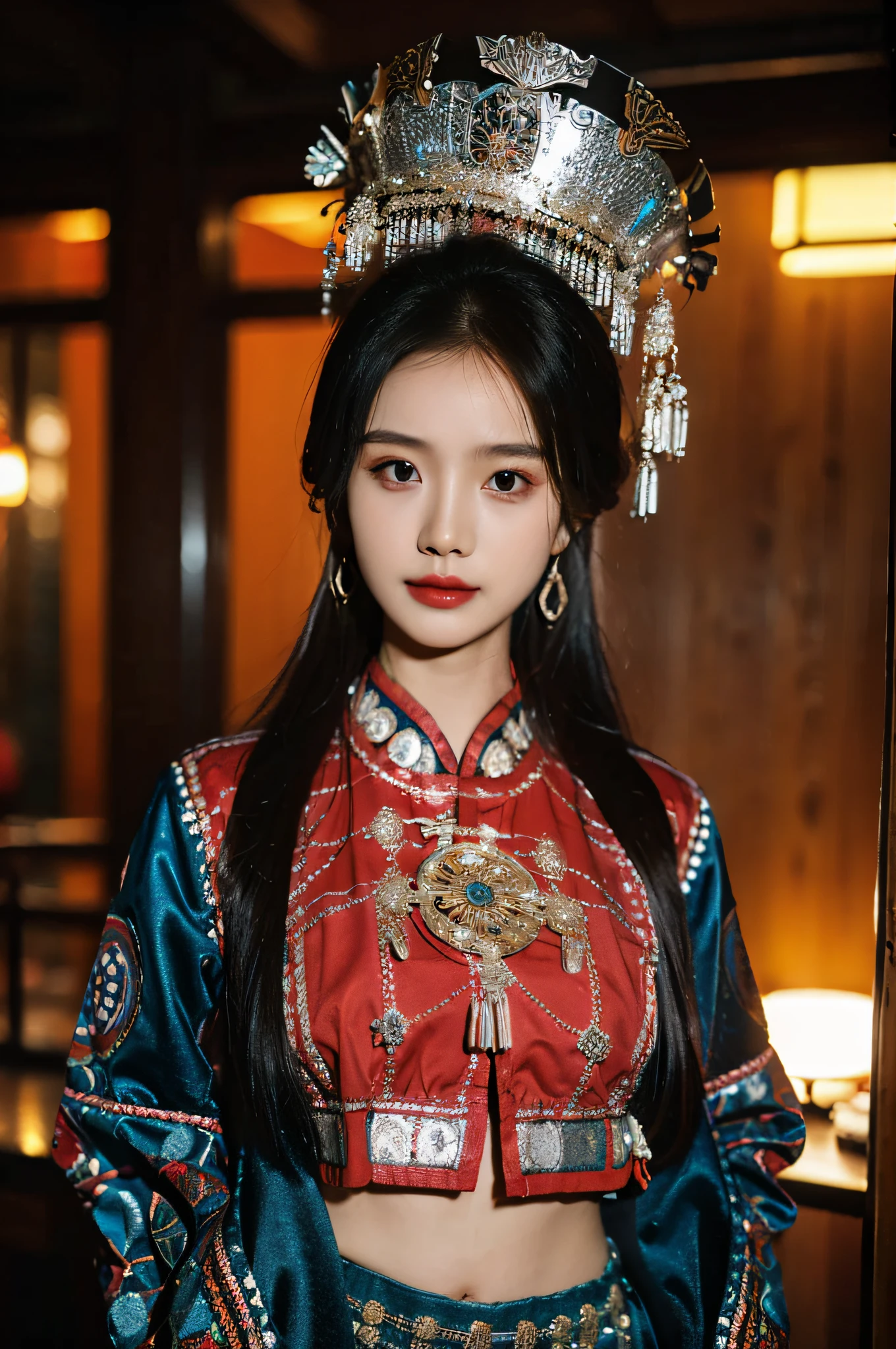 （Hyperrealistic,）4K,35mm，hyper-high detail, Professional lighting, Best quality, 超高分辨率, Visually stunning, (1girll:1.1), （Hmong clothing ）,realskin,（Perfect body 1.3）Ultra-delicate face，Crop topping