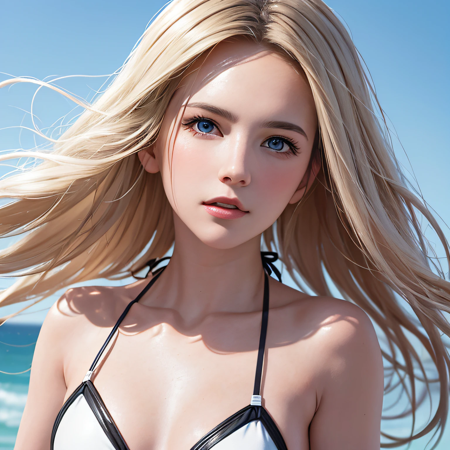 (8K, RAW Photos, of the highest quality, Masterpieces: 1.2), (Realistic, Photorealistic: 1.37), Highest Quality, Ultra High Resolution, light leaks, Dynamic lighting, Slim and smooth skin, (Full body:1.3), (Soft Saturation: 1.6), (Fair skin: 1.2), (Glossy skin: 1.1), Oiled skin, 22 years old, Night, shiny white blonde, Well-formed, Hair fluttering in the wind, Close-up shot of face only, Physically Based Rendering, From multiple angles, The bikini