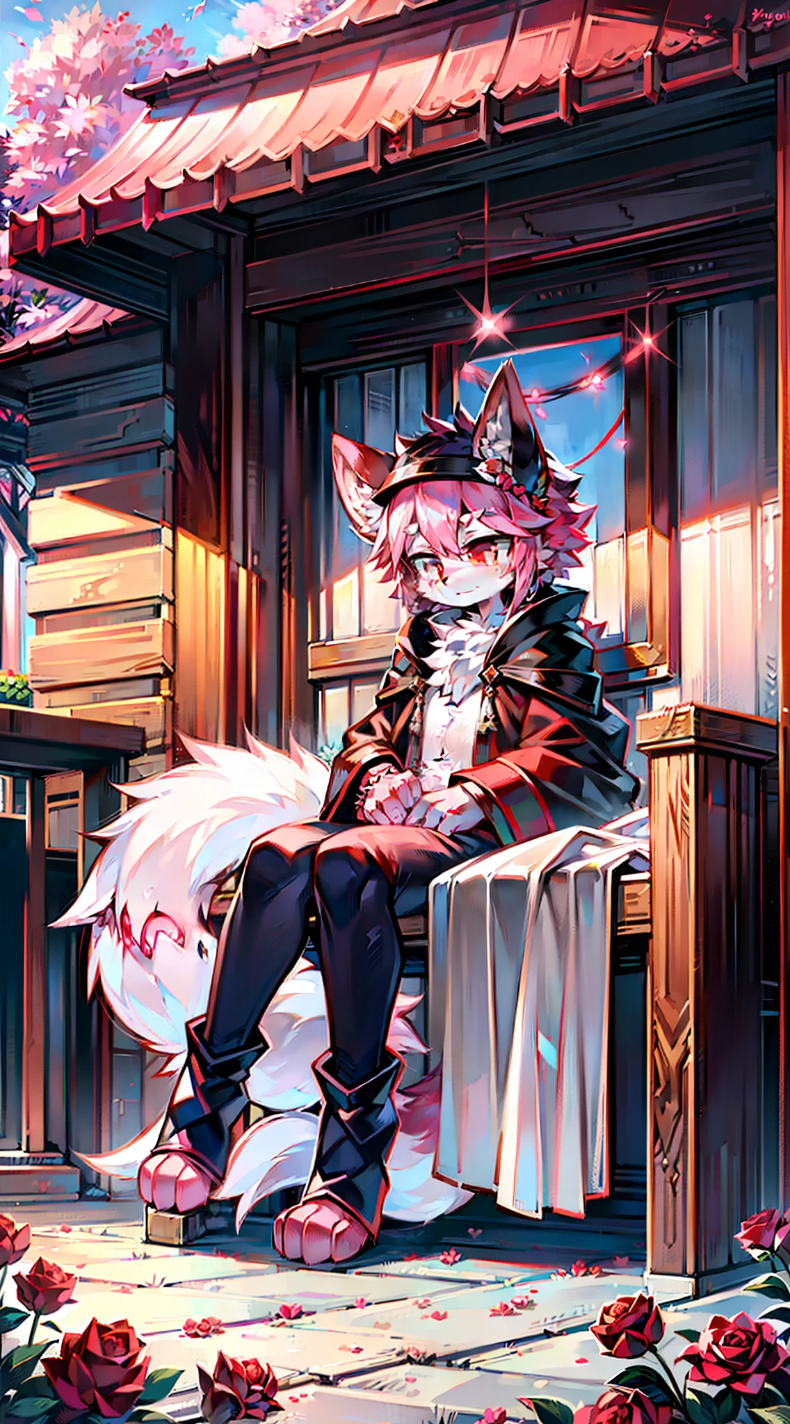 tmasterpiece,HighestQuali,A high resolution,High rendering accuracy,White fur,The upper part of the ears is pink,The inside of the ears is white,The neck is all pink,The hands are pink,The feet are pink,The tail is all pink,Pink eyes white,Red eyeballs,Black pupils,Male,High cold,Sick,black toga,black long boots,Ghastly,blood vess,Blood,Single,Fluffy tail,coyote,detail-rich,Pink roses,A pink rosette is worn on his head,outside,Pink Forest,Pink vines