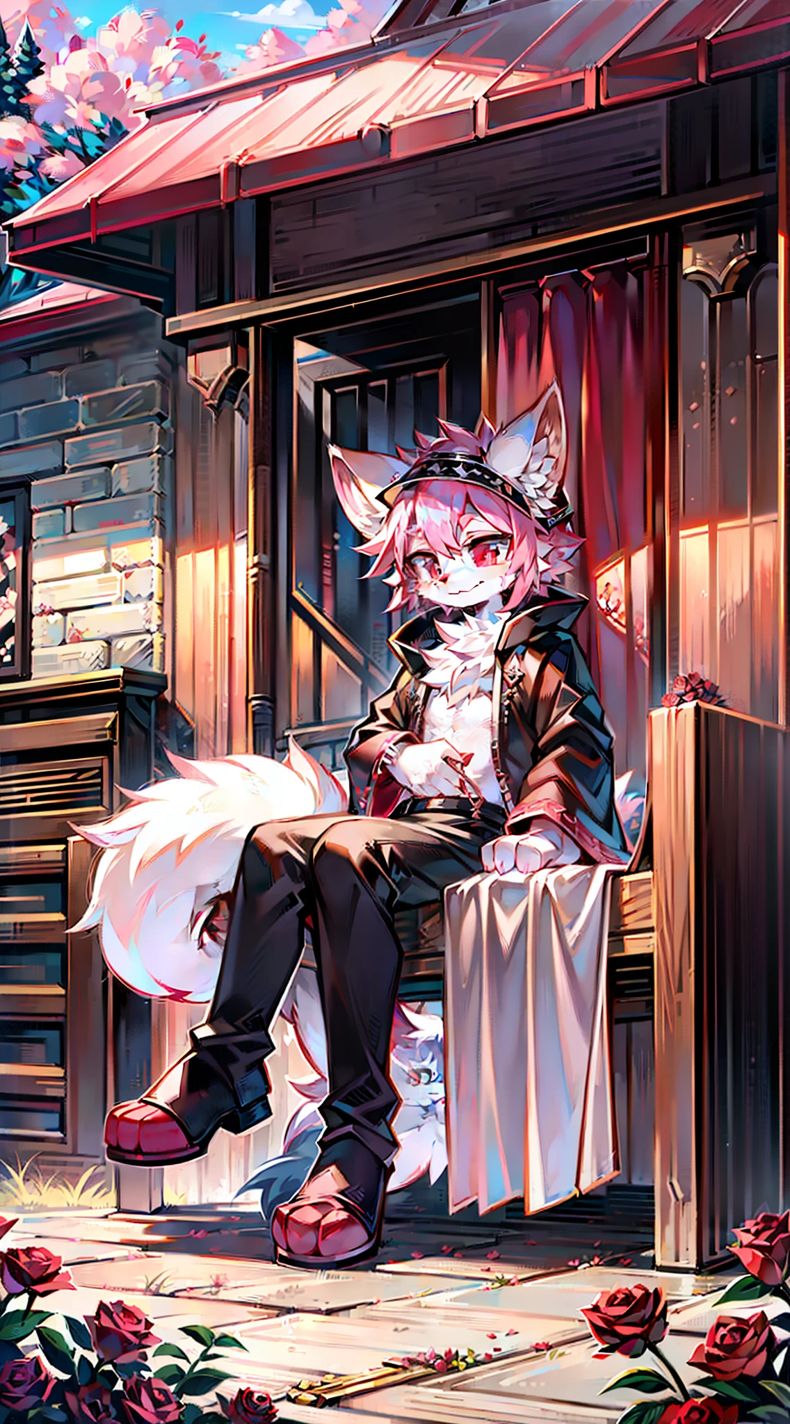 tmasterpiece,HighestQuali,A high resolution,High rendering accuracy,White fur,The upper part of the ears is pink,The inside of the ears is white,The neck is all pink,The hands are pink,The feet are pink,The tail is all pink,Pink eyes white,Red eyeballs,Black pupils,Male,High cold,Sick,black toga,black long boots,Ghastly,blood vess,Blood,Single,Fluffy tail,coyote,detail-rich,Pink roses,A pink rosette is worn on his head,outside,Pink Forest,Pink vines