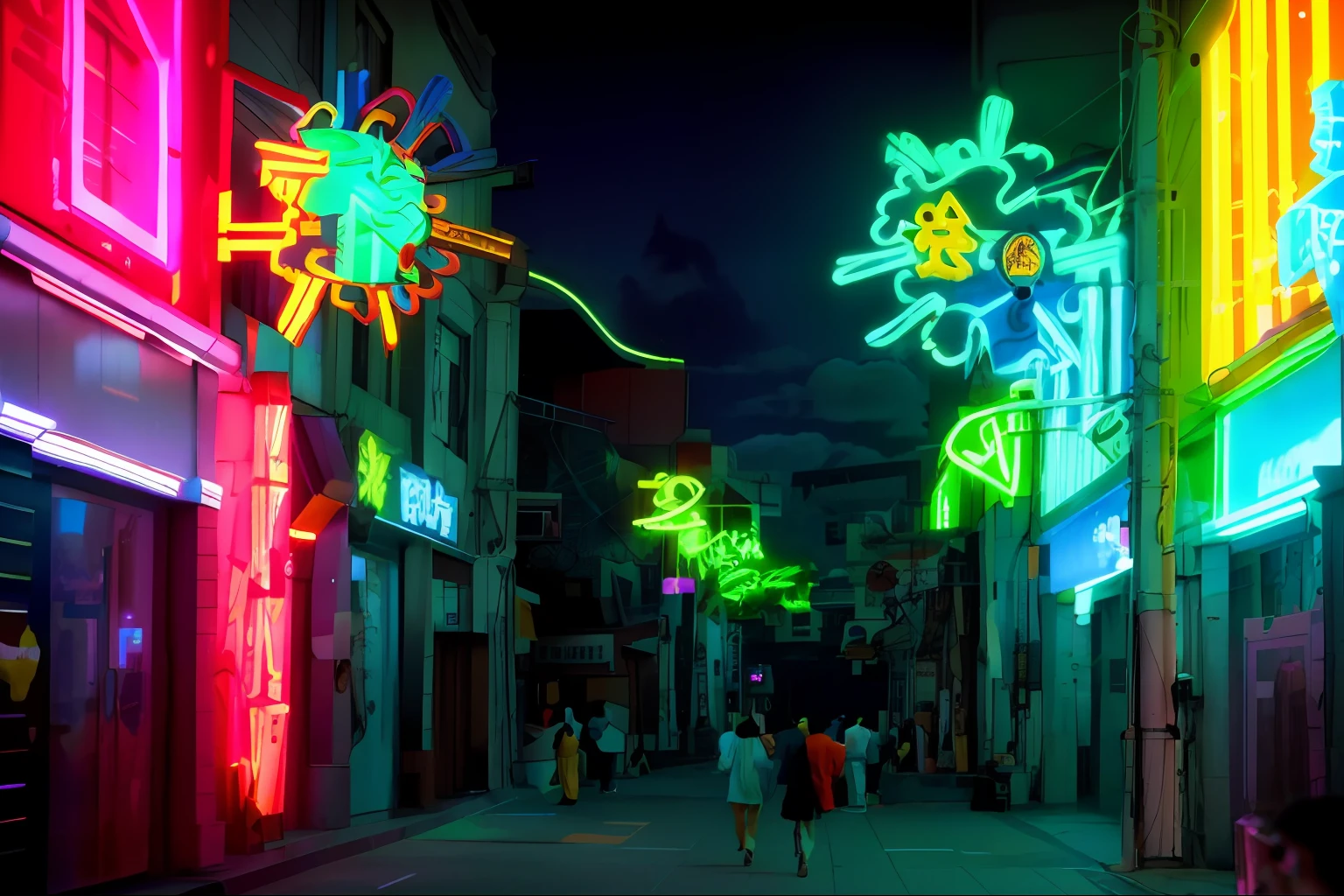 there are many people walking down the street in the city, neon lights above shops, bright neon lights from the city, rococo cyber neon lighting, Neon lights outside, colorful neon, Neon Street, city neon light, City, Green lights at night, at night with neon lights, street lanterns are shining, colorful neon, Colorful neon signs