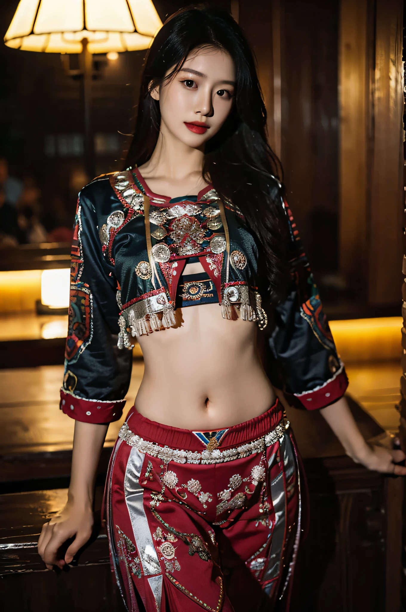 (Hyperrealistic,)4K,35mm,hyper-high detail, Professional lighting, Best quality, 超高分辨率, Visually stunning, (1girll:1.1), (Hmong clothing ),realskin,(Perfect body 1.3)Ultra-delicate face,Open navel