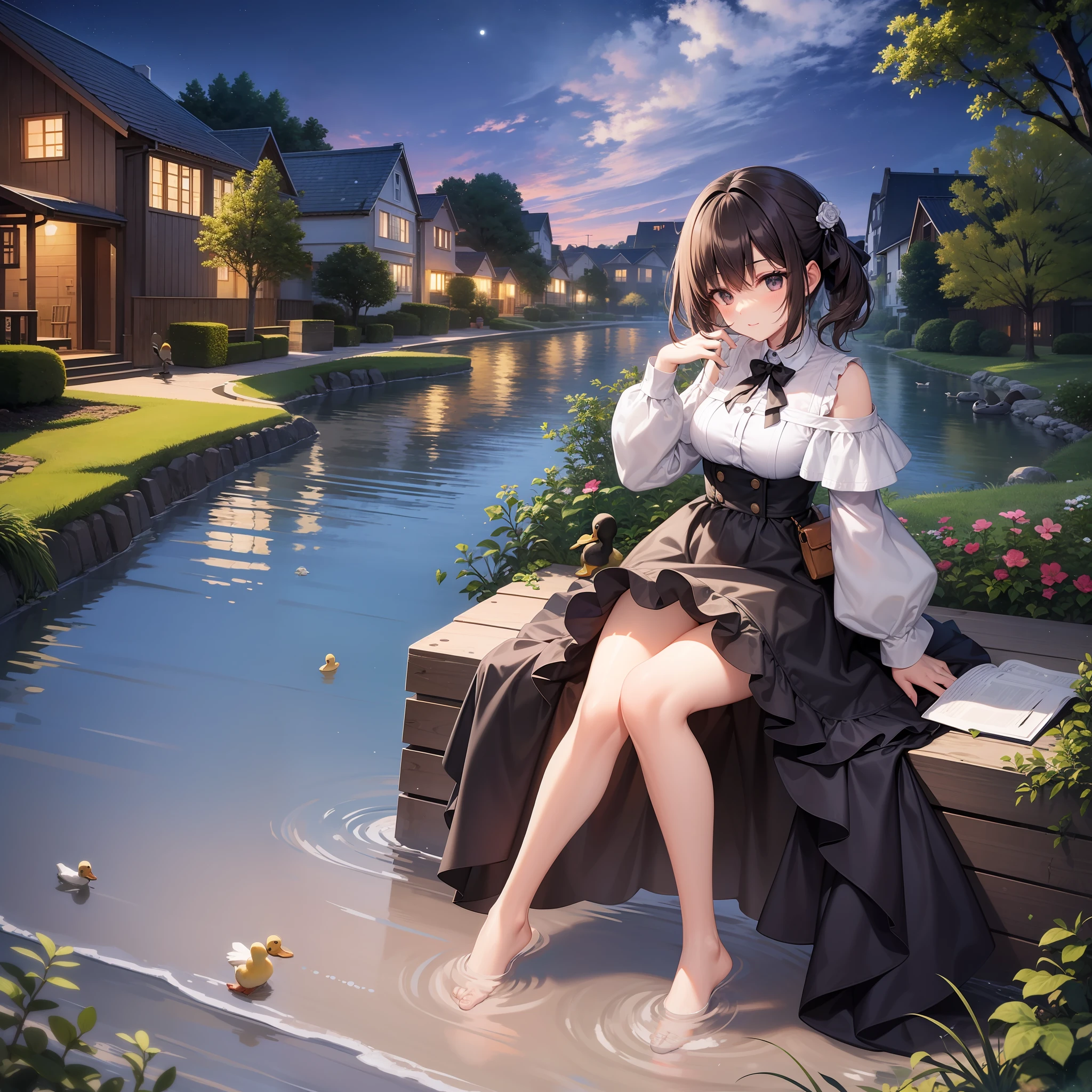There are some ducklings in the water，Strengthens leg details，There are figures next to the houses in the distance