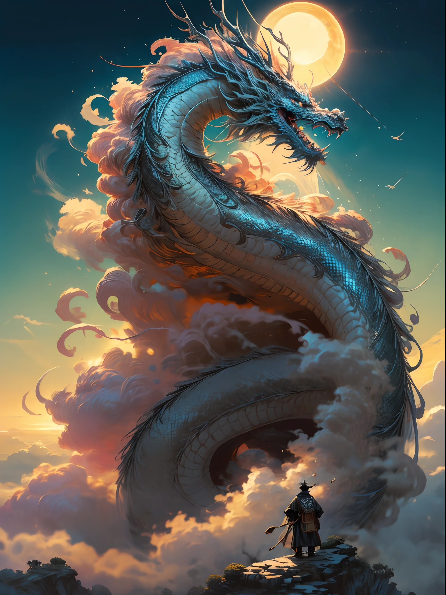 A dragon is sitting on a rock with a man standing next to it - SeaArt AI
