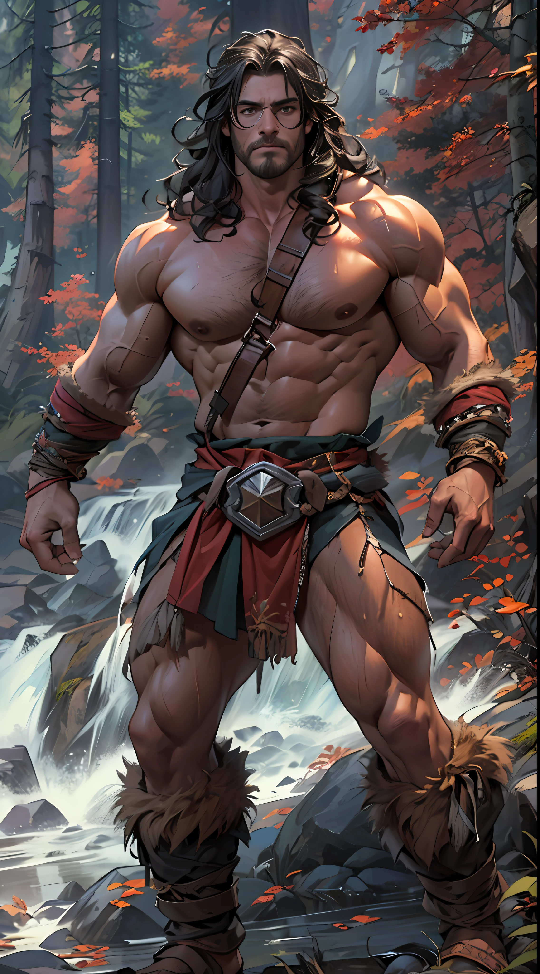 Muscular barbarian, upper body unclothed, legs uncovered from thighs to feet, flowing long curls, detailed muscular physique, lifelike representation, 4K resolution. Background: Wild untamed wilderness with rugged mountains,32k uhd, best quality, masterpiece, super detail, high details