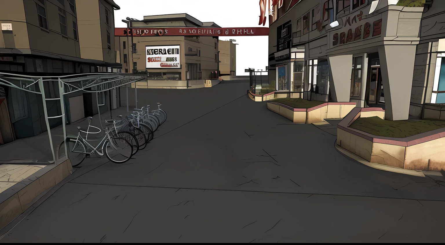 There is a 3D image of a street with a bike rack, street level view, photorealistic streetscape, rendered 3d model, Post-apocalyptic shopping mall, finalrender, 3d rendered model, finalrender, post - apocalyptic city streets, 3d final render, 3 d rendered, 3D rendering of, Detailed rendering, streetview, Renders, conceptual rendering
