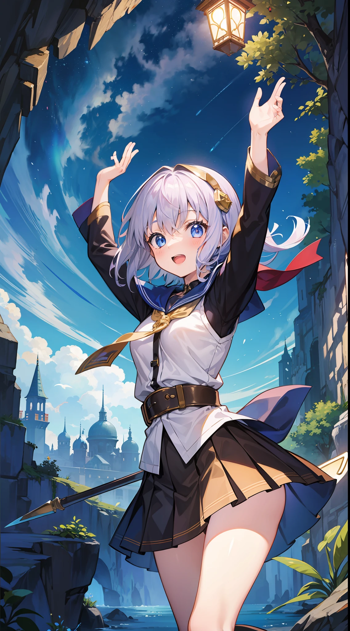 Masterpiece、hightquality、1girl in、adventurer、a miniskirt、Cantera、headlamp、caves、Cute anime illustration、