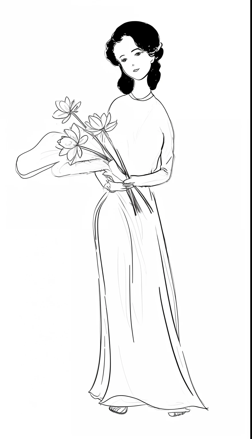 a drawing of a woman holding a bouquet of flowers, holding flowers, with flowers, carrying flowers, lady with glowing flowers dress, inspired by Charles Dana Gibson, black and white color only, outline sketch, sketch black and white colors, female figure in maxi dress, style of guido crepax, digital art of an elegant, holding a flower, soft outline