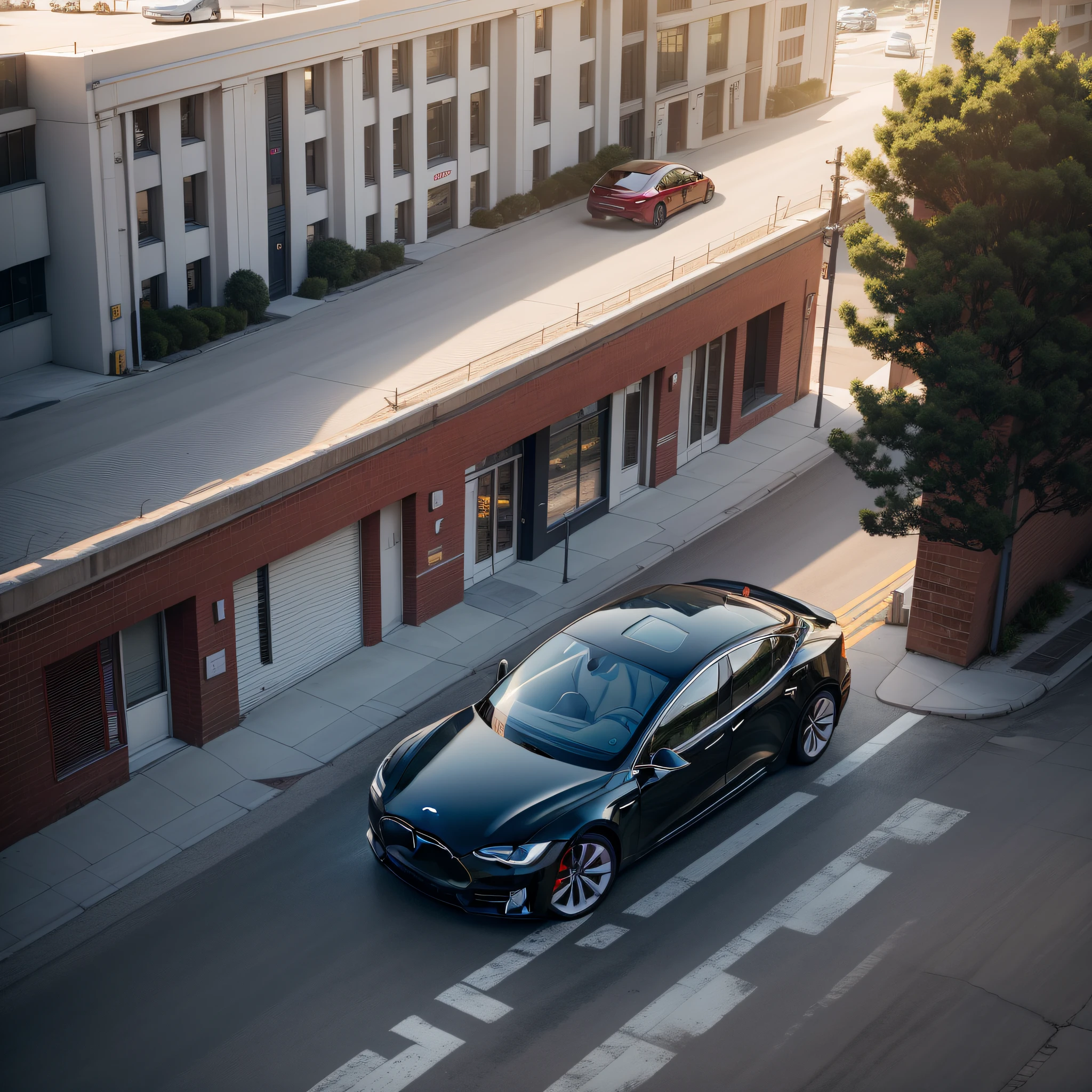 Tesla drives on the road,High-definition large image,True 4k,Buildings,very wide angle shot,hyper HD