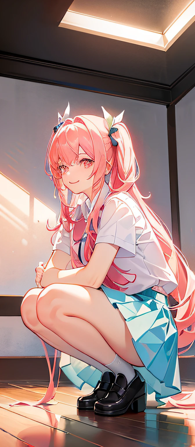 (tmasterpiece,best qualtiy:1.2),(looking at viewert),Happy face,dual horsetail,Superskirt,white panties,Pink theme,cowboy lens,squatting on the ground,inside in room,rays of sunshine,with pink hair,a pink eyes