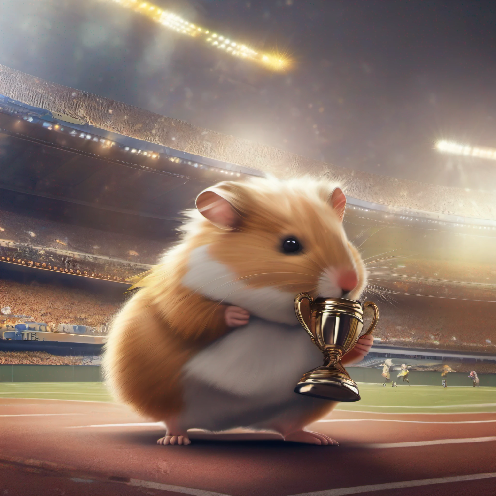 absurderes, (​masterpiece:1.3), High resolution, ultra-detailliert, the Extremely Detailed CG Unity 8K Wallpapers, acurate, Anatomically correct, Highly detailed face and hair texture, Natural neck length, BREAK, The world's largest animal sporting event, A tournament to determine the best football team in the world, Ultra-realistic animals, ((One giant hamster lifting the championship trophy:1.4)), BREAK, Background of animal supporters filling the stadium,